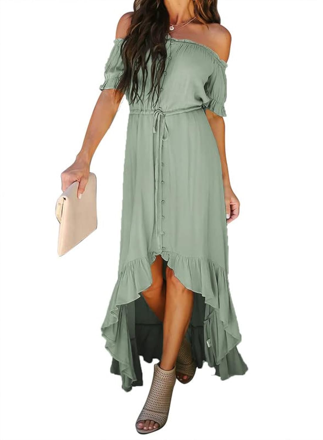 Dokotoo Women's 2025 Off-Shoulder Casual Short Sleeve High-Low Maxi Dress - Solid Color Cocktail Skater Dress for Summer Beach Party & Evening Out
