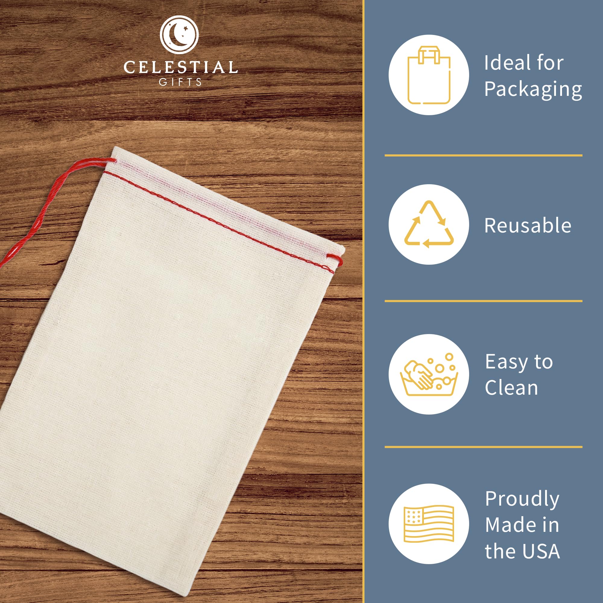 Premium 100% Cotton Muslin Drawstring Bags - 5x7 Inch Reusable Tea Bags, Jewelry Pouches & Spice Sachets (Pack of 100) - Made in USA - Natural Gift Packaging for Weddings, Baby Showers & Party Favors - Red Hem Detail
