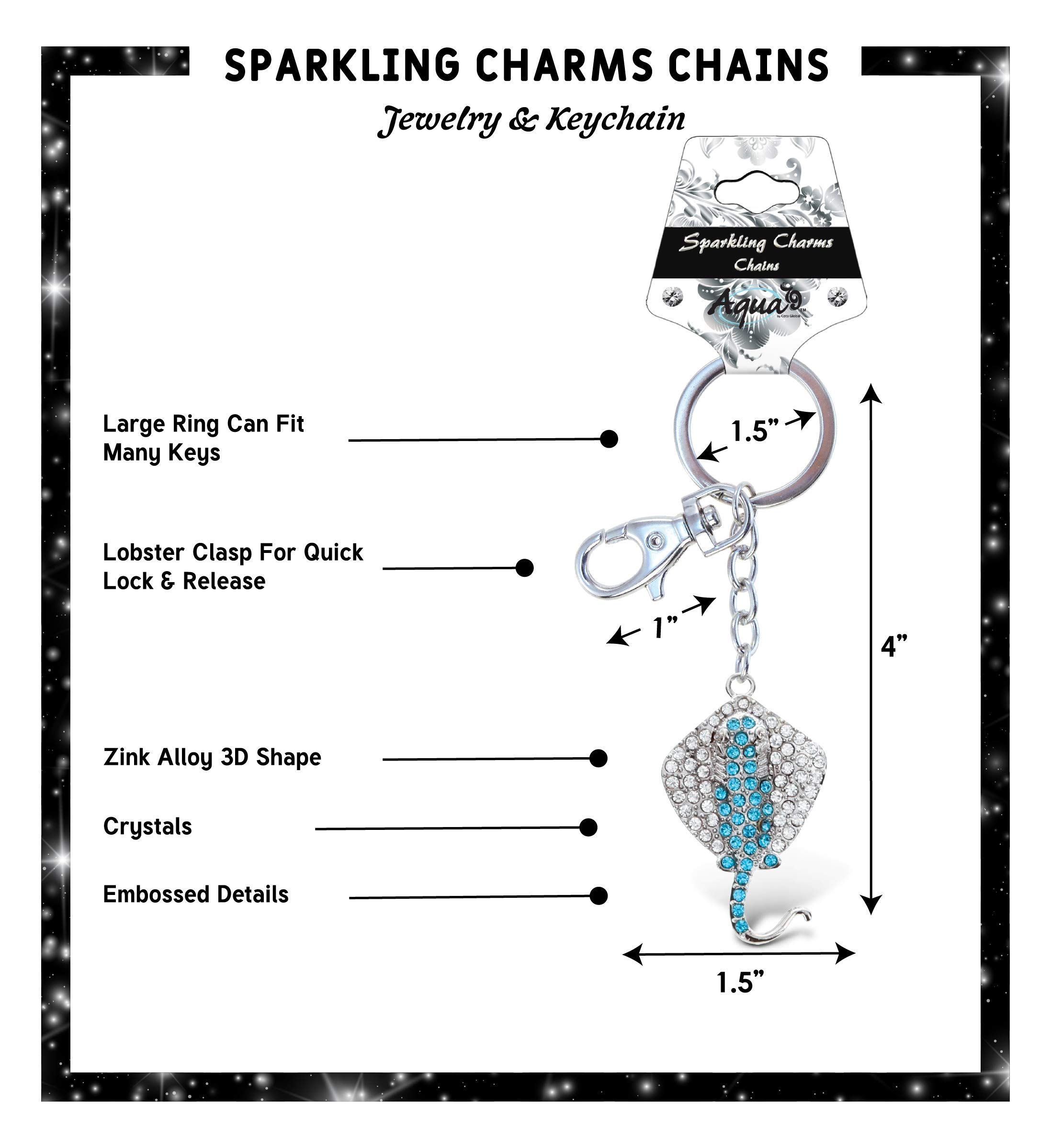 Aqua79 Stingray Keychain - Silver 3D Sparkling Rhinestone Charm, Fashionable Metal Alloy Key Ring with Clasp, Durable Crystal Jewelry Accessory for Women, Gift, Purse, Backpack & Car Keys