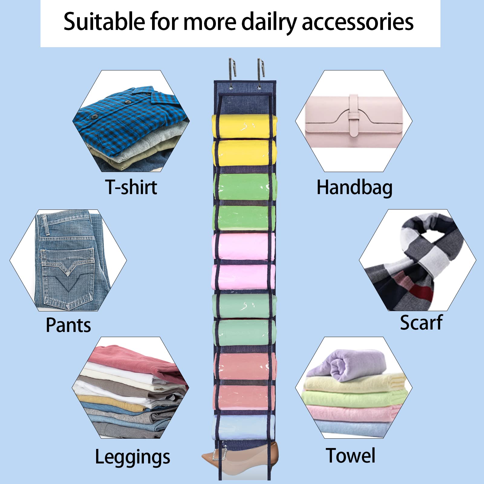 Space-Saving Legging Organizer with 24 Compartments - Closet Storage for T-Shirts, Pants & Purses | Blue | Perfect for Small Closets & Travel Packing