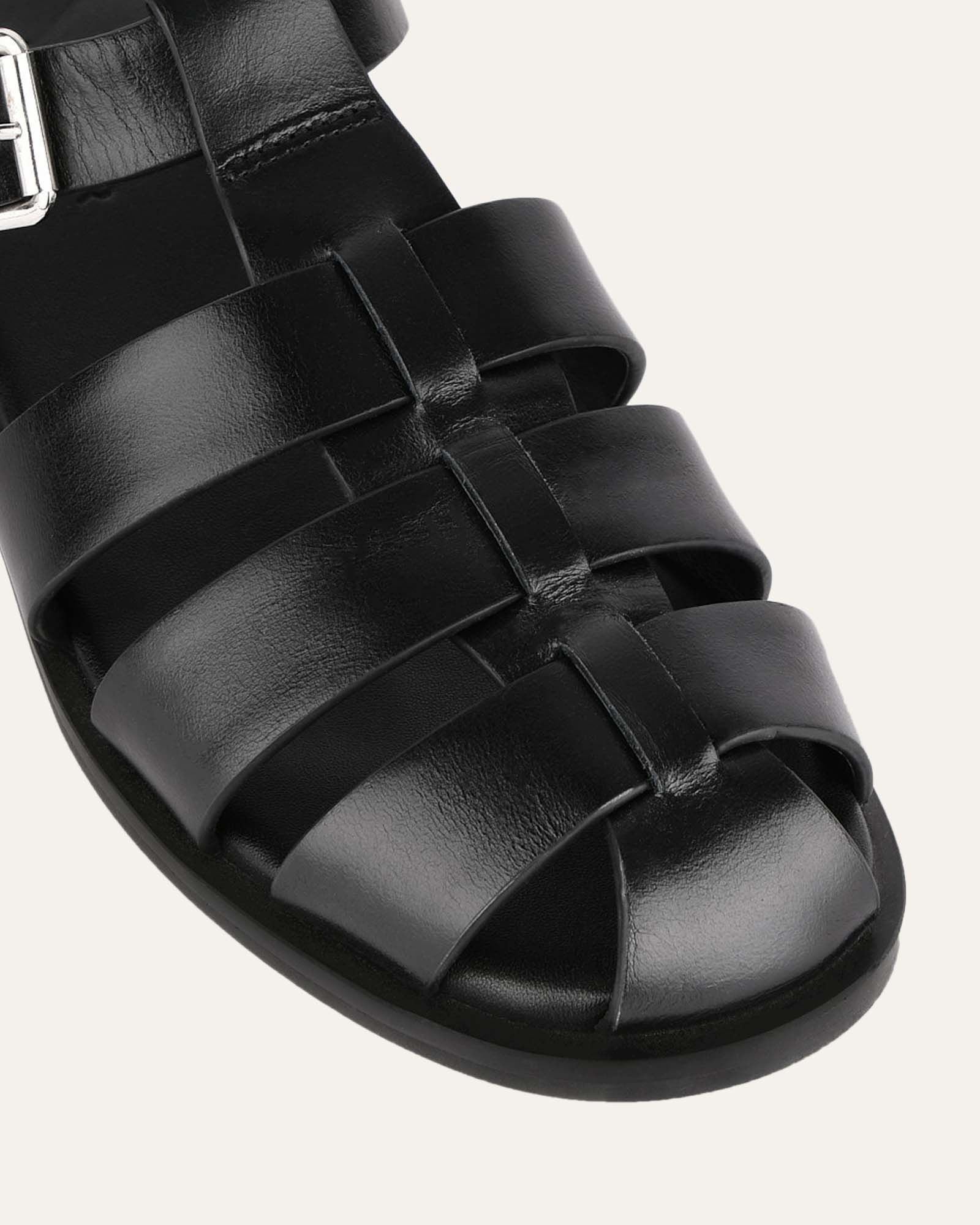 FINN Flat Sandals for Women - Black Leather Straps Comfortable Slide Sandals for Summer, Beach, and Casual Wear