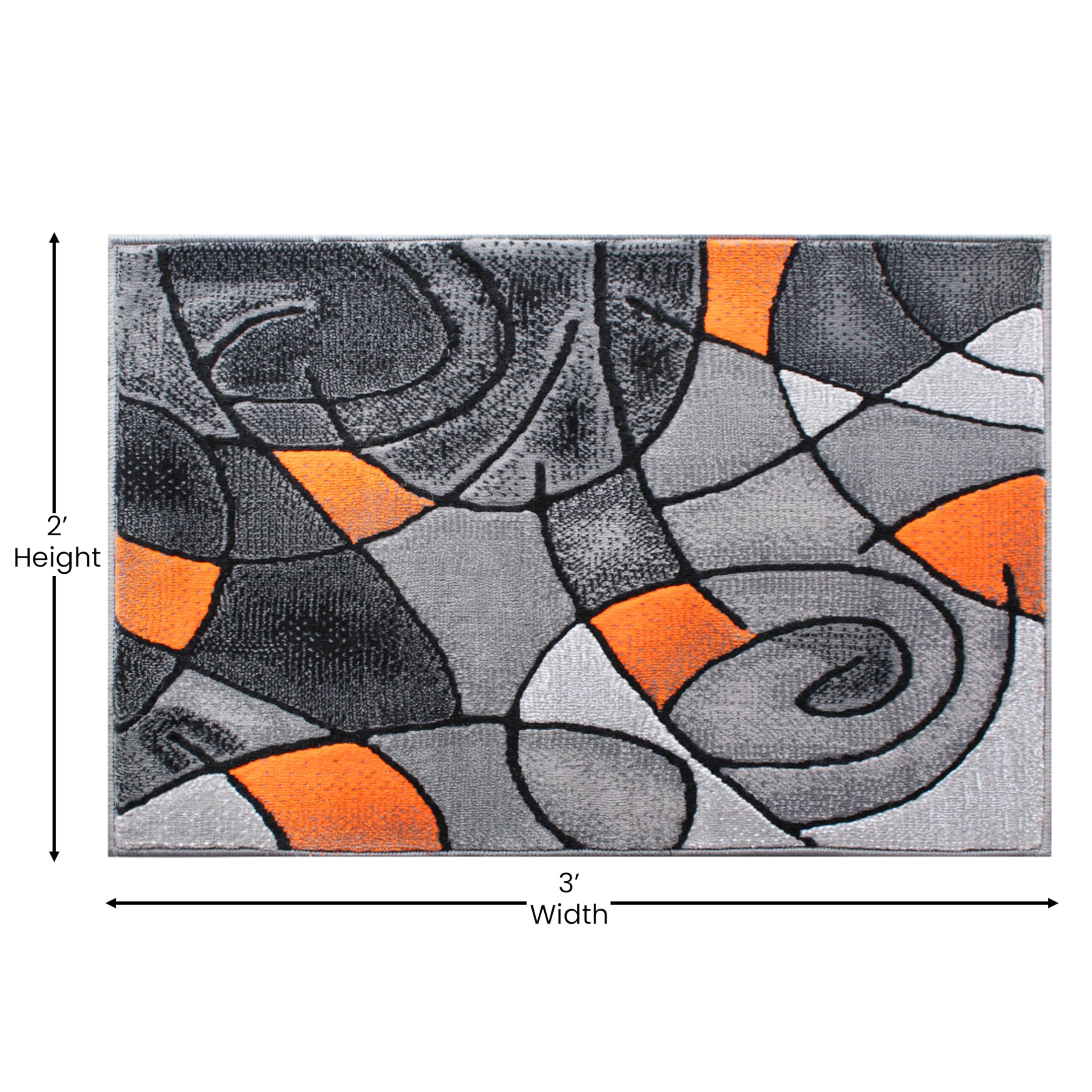 EMMA + OLIVER Abstract Geometric Plush Olefin Accent Rug - Gradient Gray with Orange Accents - 2x3 Feet Stain & Moisture Resistant - Perfect for Living Room, Bedroom or Office Decor