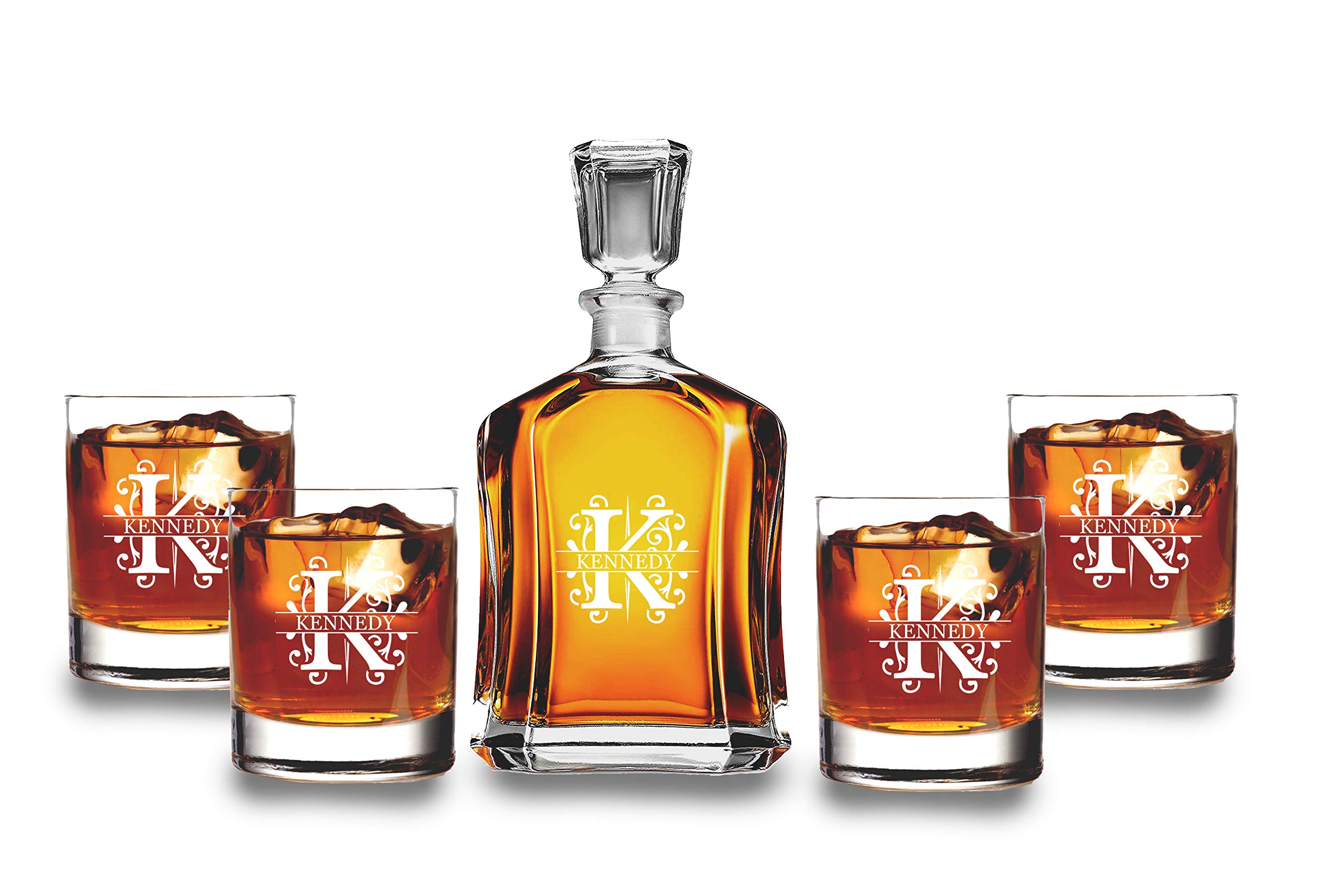 Personalized Bourbon Decanter Set with Engraved Monogram - Wooden Box Gift for Groomsmen (4 Whiskey Glasses Included) - Perfect for Weddings, Anniversaries & Whiskey Lovers