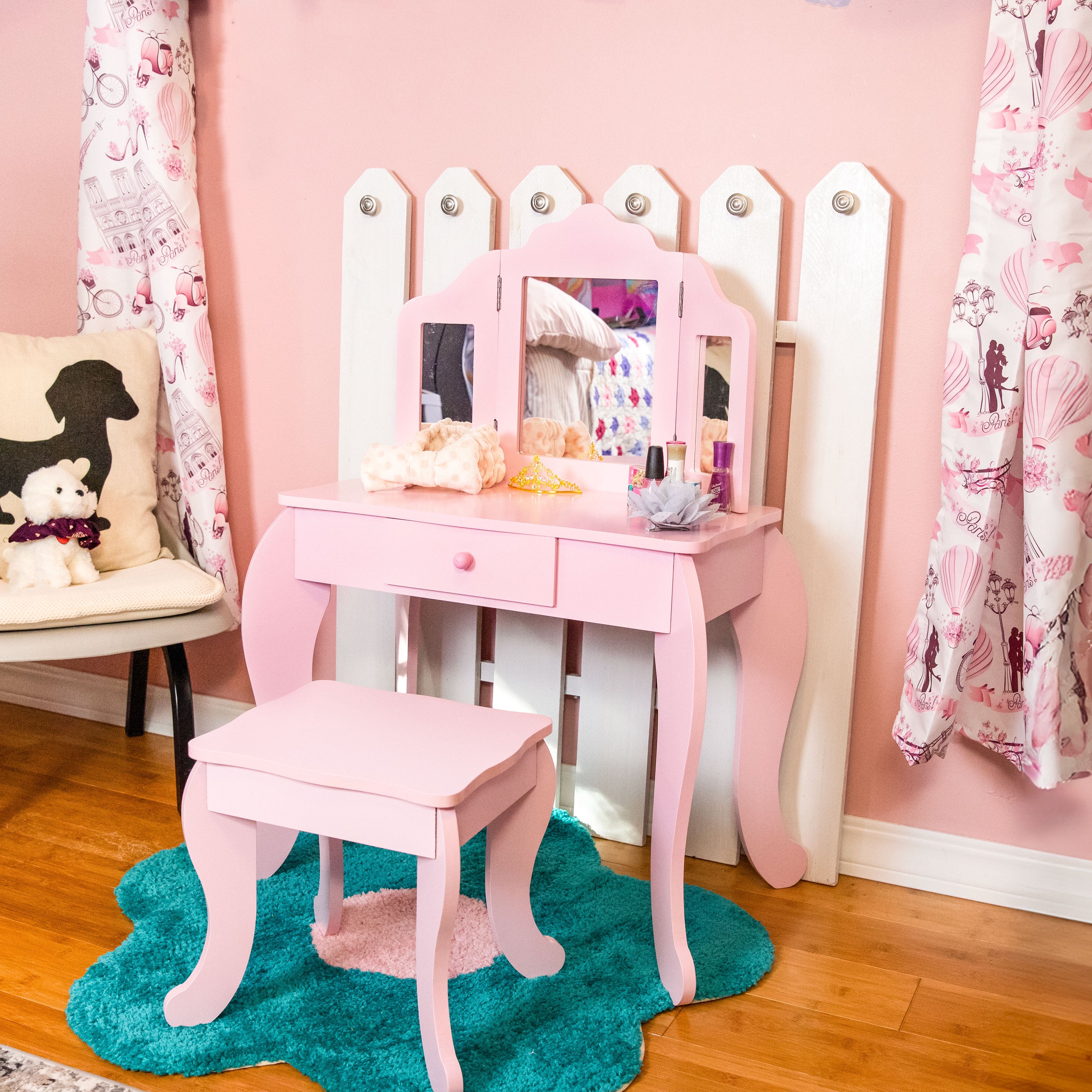 Sunnydaze Beauty Bliss Kids' Vanity Set with Mirror and Stool - Perfect for Pretend Play, Dress Up & Birthday Gifts for Girls