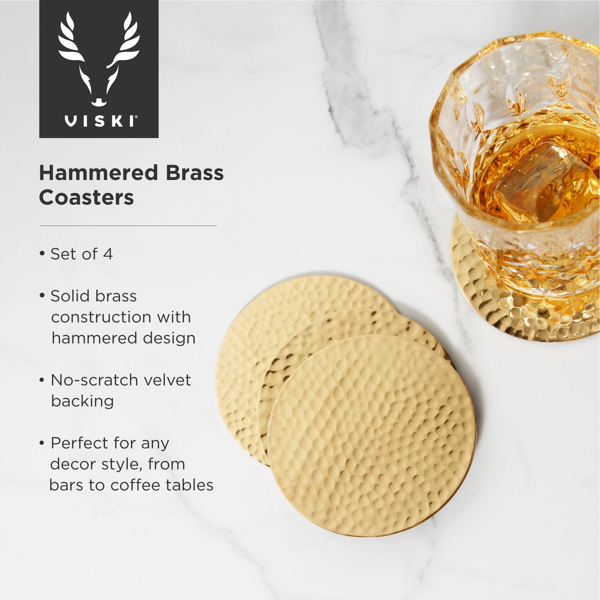 Hammered Brass Coasters Set of 4 - Elegant Drink Coasters for Home Bar, Coffee Table & Dining Table Protection - Perfect for Parties, Weddings & Housewarming Gifts