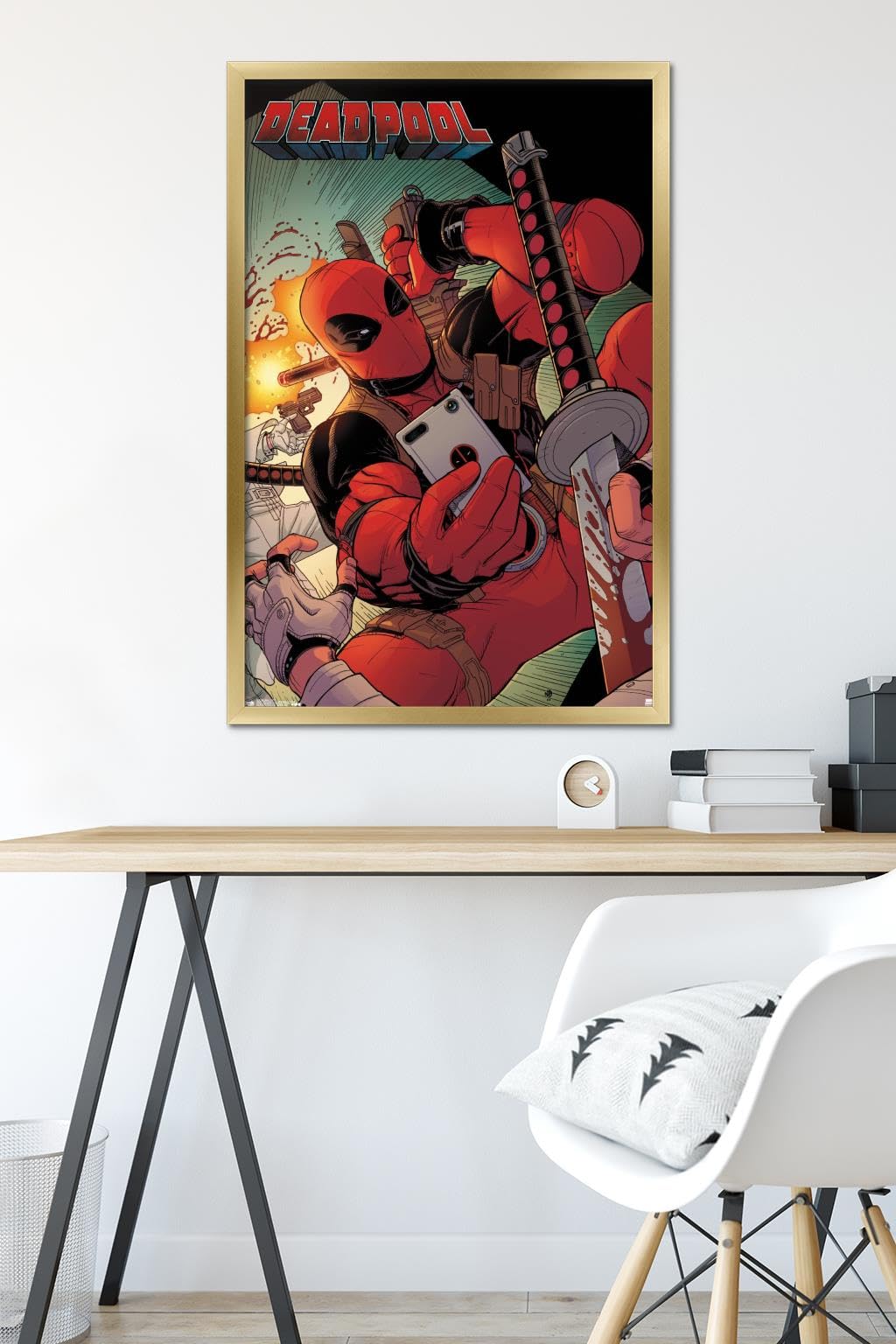 Marvel Comics Deadpool Selfie Wall Poster - 22.375 x 34 Inches Gold Framed Version - Perfect for Home Decor, Office & Comic Fan Gifts