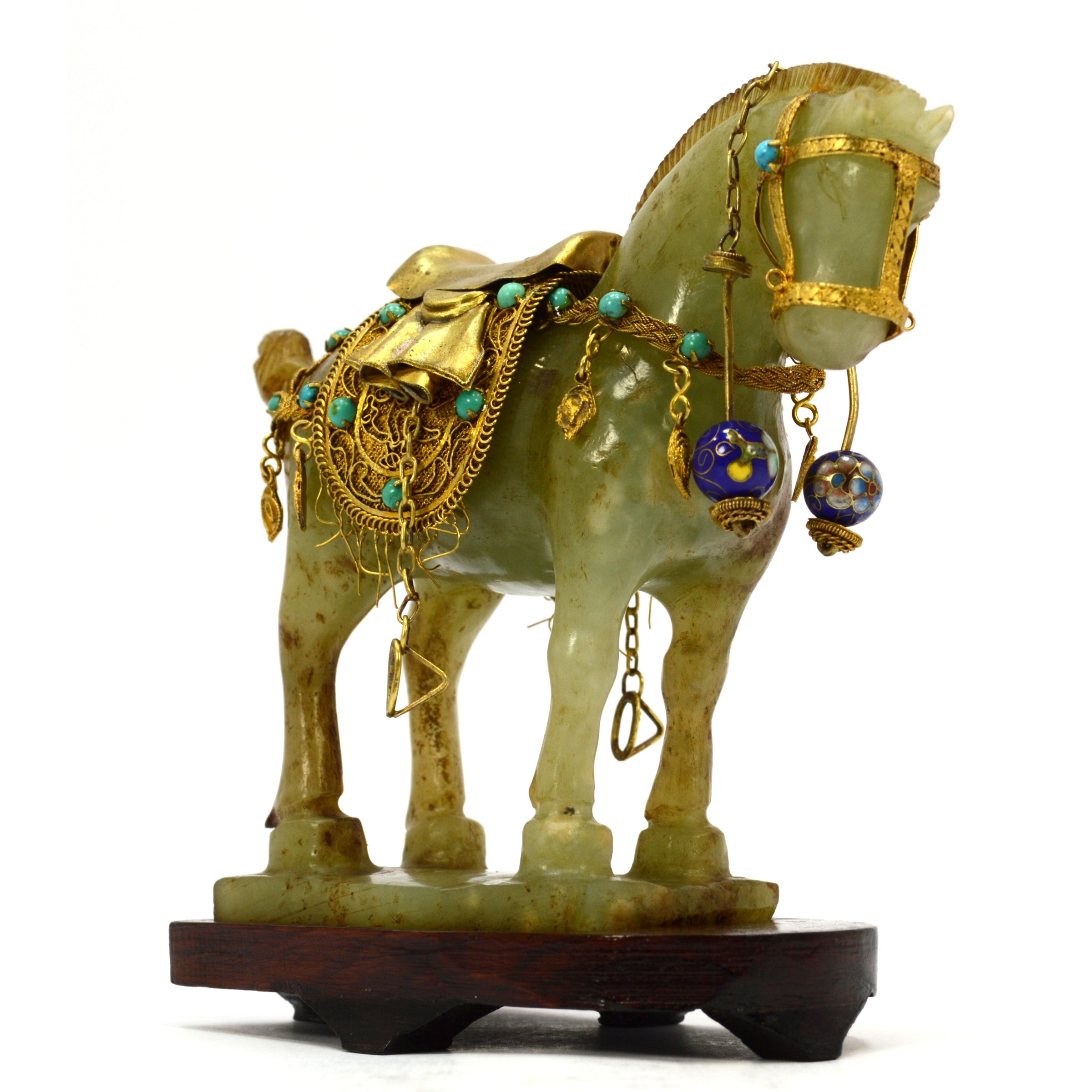 Antique Chinese Carved Jade Horse with Gold Gilt & Enamel Jeweled Saddle Bridle - Collectible Asian Artwork - Perfect for Home Decor, Gift Giving & Feng Shui Display