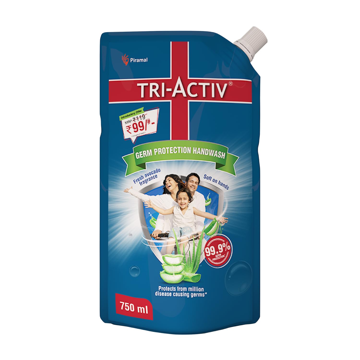 Tri-Activ Liquid Hand Soap Refill Pack - 750ml x 3 (2250ml Total) | 99.9% Germ Protection with Aloe Vera & Avocado | Gentle Moisturizing Hand Wash for Dry Skin | Perfect for Home, Office & Travel Use