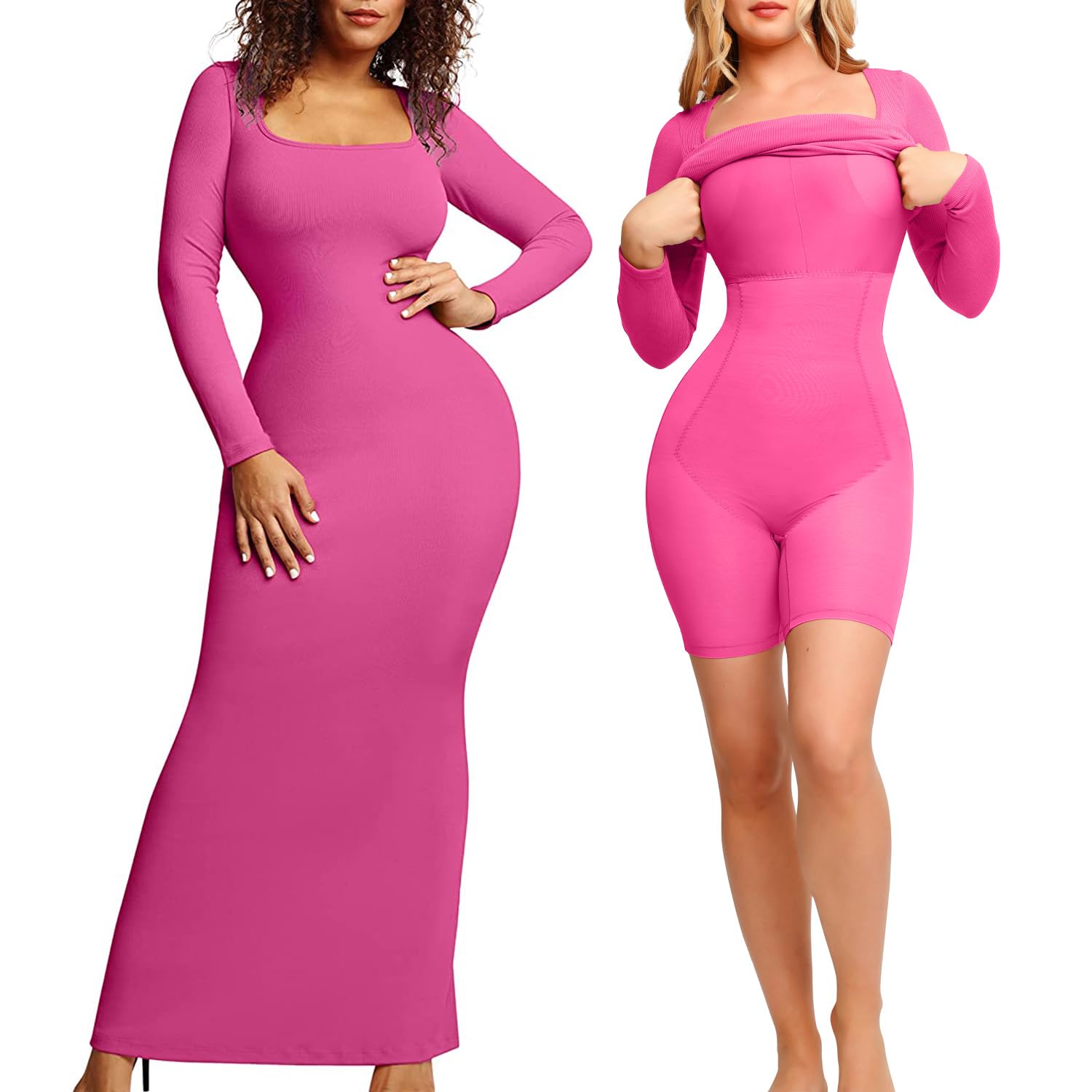 Popilush Women's Shapewear Dress - 8-in-1 Bodycon Maxi & Mini Dress with Built-in Bra, Long Sleeve Slimming Lounge Dress for Everyday Wear, Date Night & Special Occasions