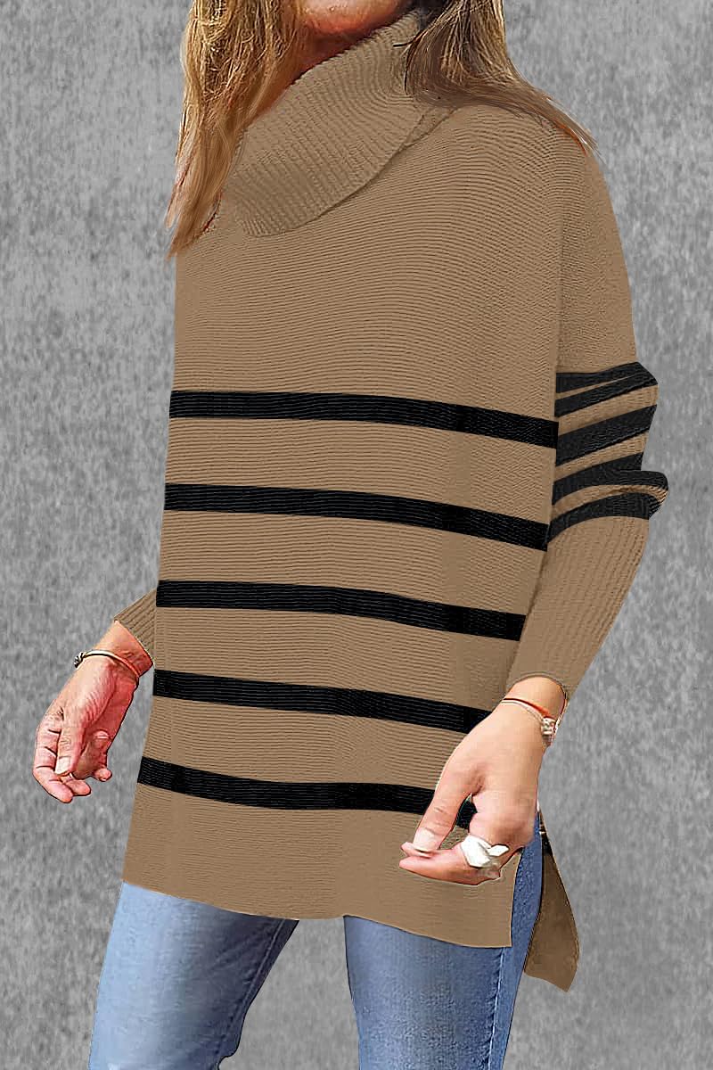 Women's Oversized Turtleneck Sweater - Long Sleeve Striped Knit Pullover with Split Hem | Cozy Winter Fashion, Casual Office Wear & Holiday Outfit