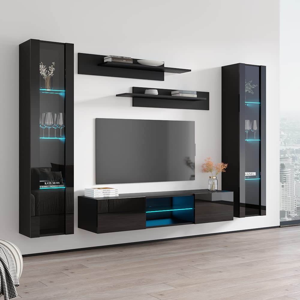 Modern Wall-Mounted TV Stand with Storage Shelves & LED Lights - Floating Entertainment Center Console for Bedroom & Living Room - AB2 33TV Stand by Meble Furniture - Perfect for Small Spaces, Apartments & Home Theater Setups - Black