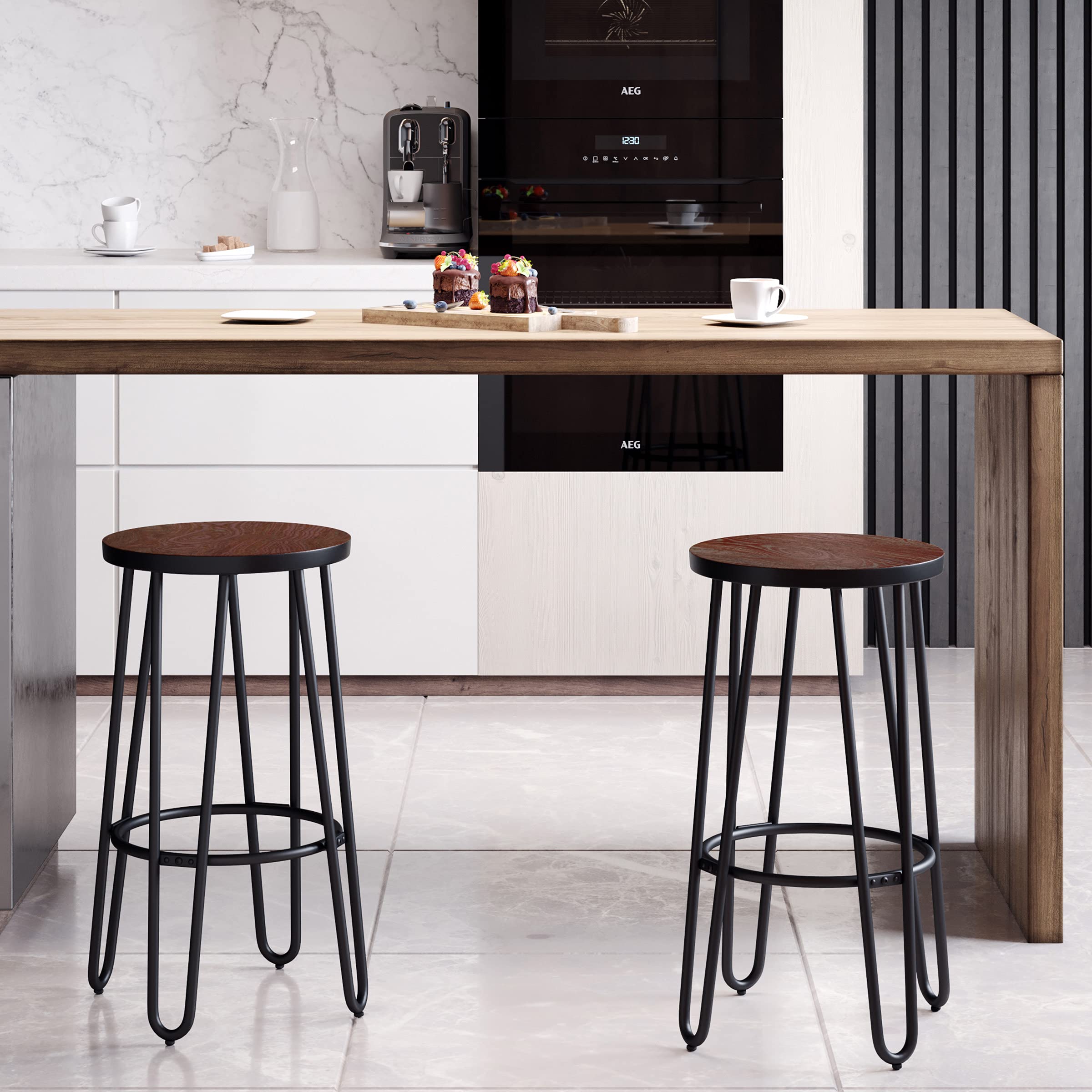 Set of 2 Modern 24-Inch Bar Stools with Hairpin Metal Legs & Solid Wood Seat - Backless Counter Height Stools for Kitchen Island, Breakfast Bar, Dining Room or Home Pub - Lavish Home