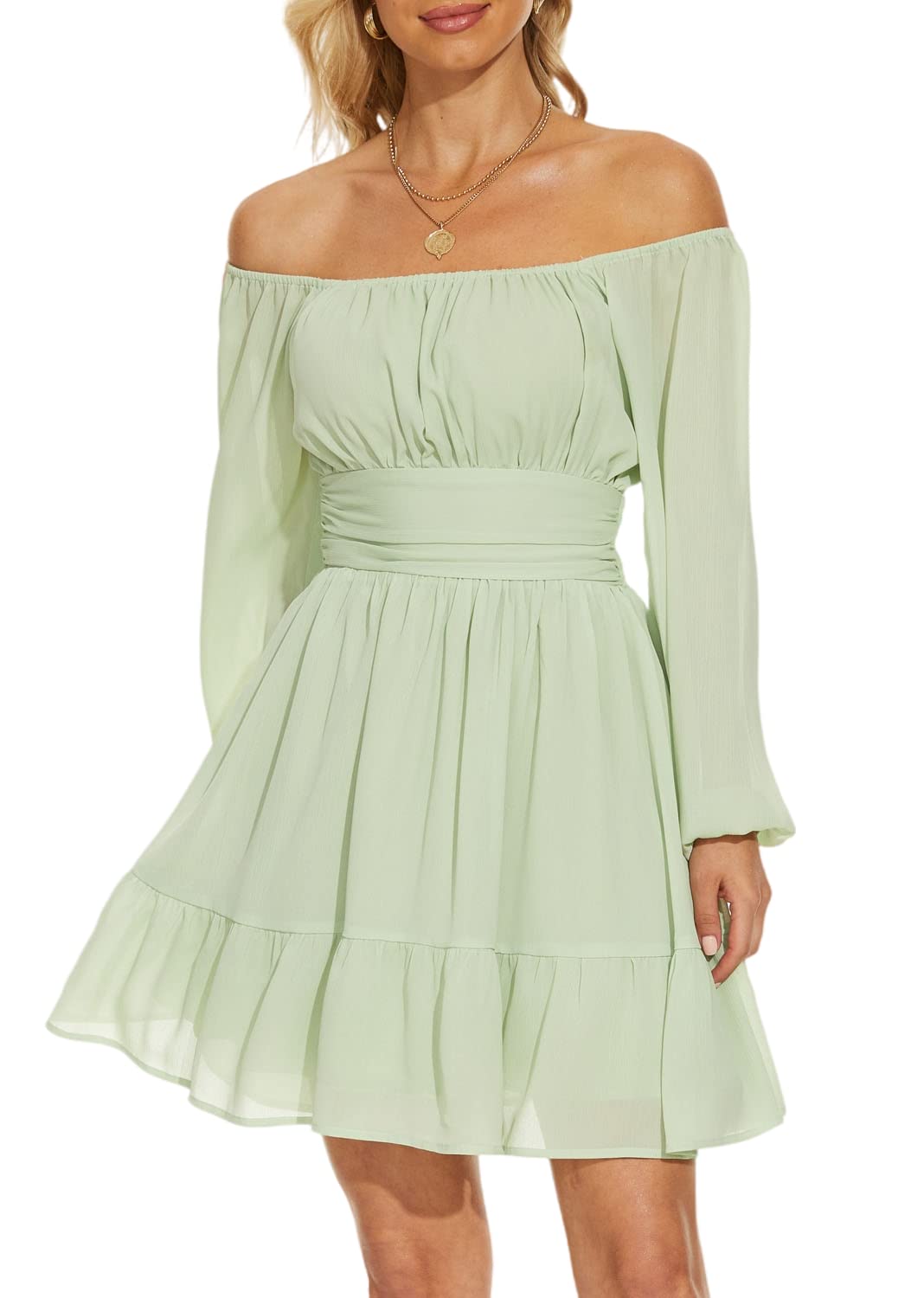 2023 Women's Square Neck Mini Dress with Puff Sleeves & Tie Back - Elastic Waist A-Line Summer Dress for Parties, Dates & Casual Outings