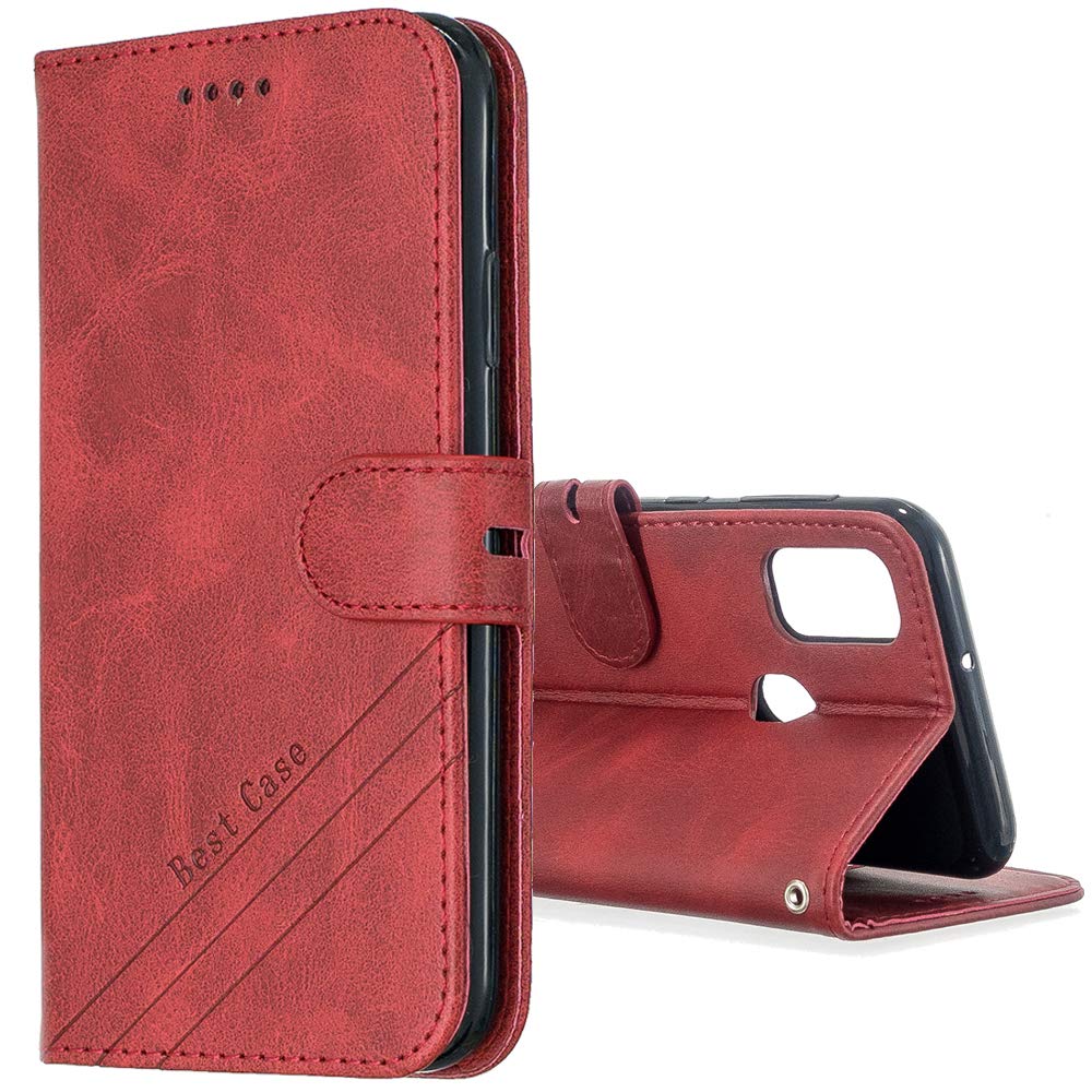 Premium Leather Samsung Galaxy A21S Wallet Case with Card Holders & Kickstand - Magnetic Closure Retro Red HX | Slim Flip Cover for Daily Use, Travel & Business (Compatible with Samsung Galaxy A21S)