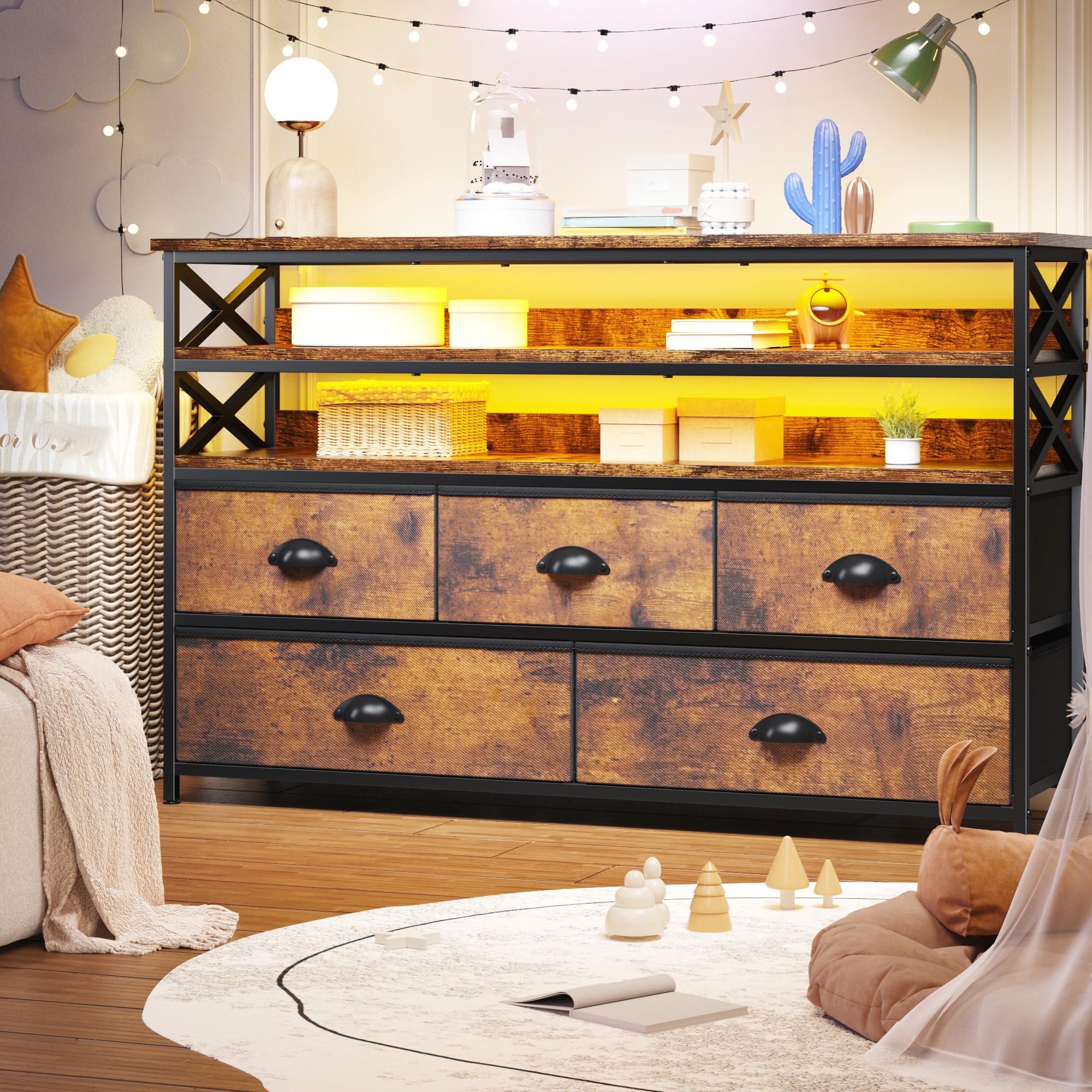 Rustic Brown TV Stand Dresser for 50 Inch TV - Sturdy Wooden Media Console with 5 Fabric Drawers & Open Shelves - Bedroom, Living Room, Entryway Storage Furniture (11.8