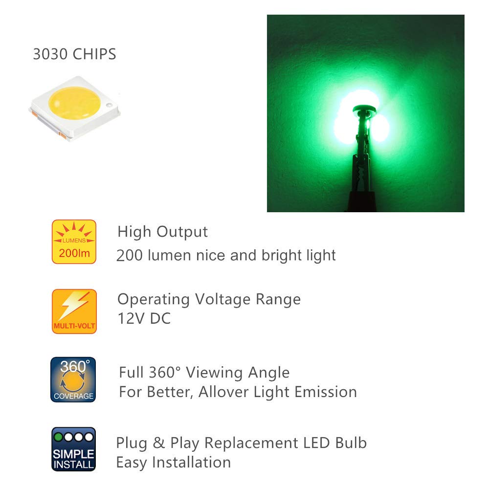 Super Bright T10 194 LED Bulb Light - 3030 SMD PC194 PC195 PC169 PC158 Twist Lock Socket Replacement - 6 Pack Green Interior Dash Gauge Lights for Car Instrument Cluster - Perfect for Night Driving & Dashboard Illumination