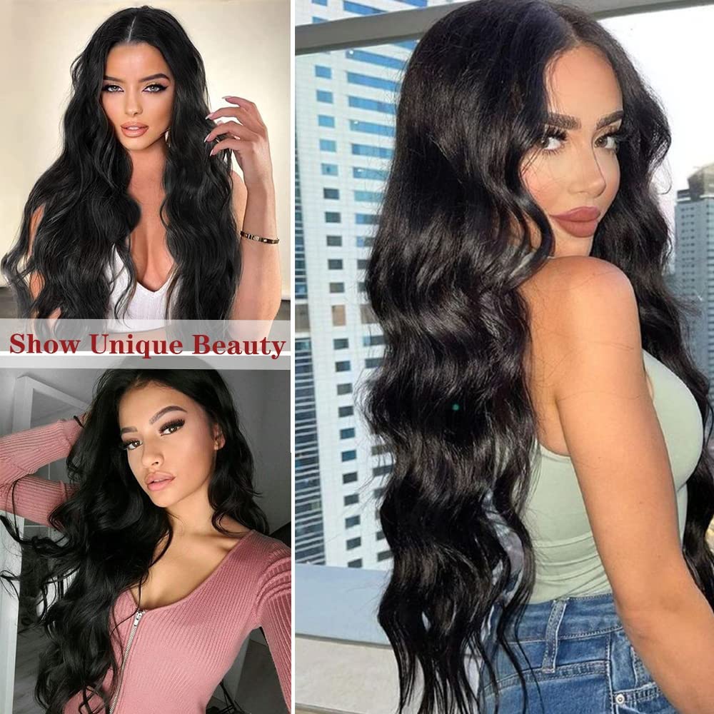 PORSMEER 26 Inch Long Black Wavy Wig for Women - Heat Resistant Synthetic Lace Front Wig with Middle Part, Natural Looking Curly Hair for Daily Wear & Party | Perfect for Cosplay, Halloween & Special Occasions