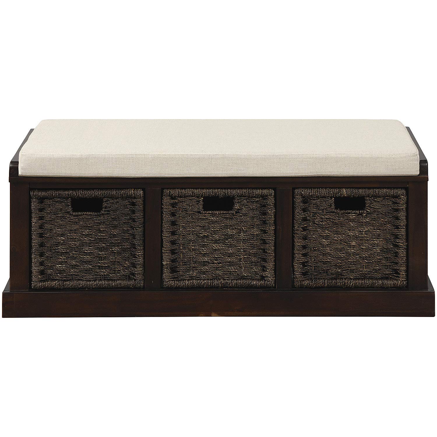 Rustic Storage Bench with 3 Removable Rattan Baskets & Cushion - Entryway Shoe Bench, Hallway Ottoman Cabinet for Living Room, Bedroom & Foyer - Perfect for Organizing Shoes, Blankets & Home Decor (Espresso Finish)