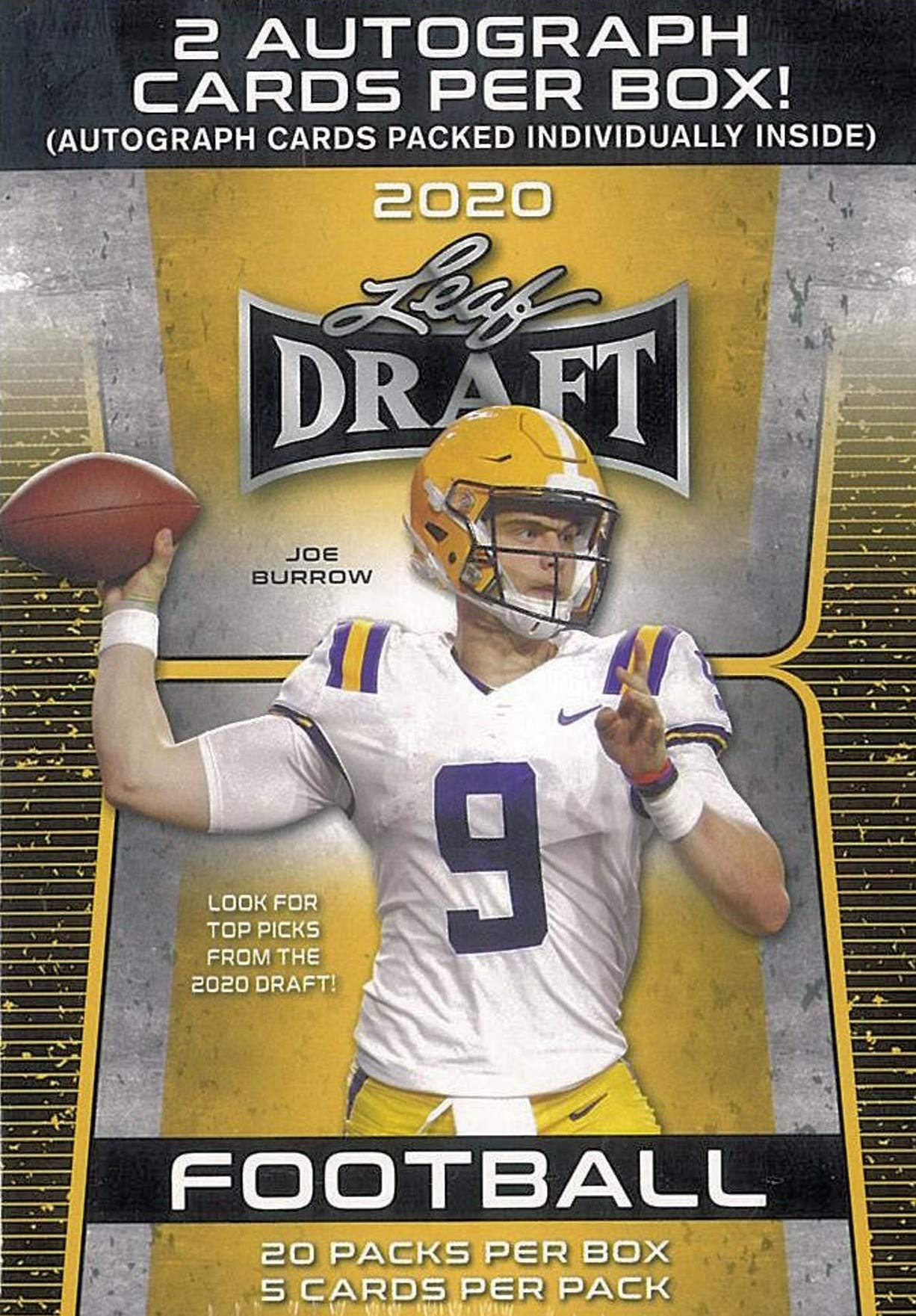 2020 Leaf Draft Football Blaster Box - 2 Autographs Per Box, 100 Cards (20 Packs/5 Cards Each) - Find Joe Burrow Rookie Autograph Cards + Bonus Custom Card - Perfect for NFL Collectors, Fantasy Football Fans & Sports Memorabilia Enthusiasts