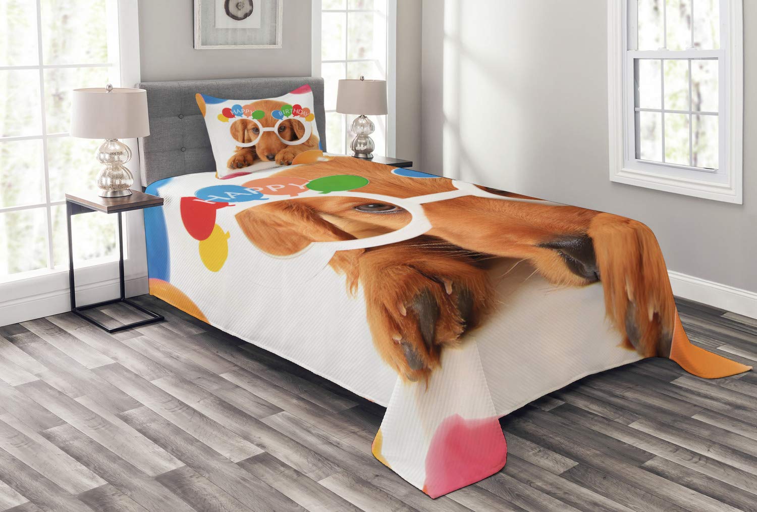 Ambesonne Birthday Party Bedspread Set - 3 Piece Puppy Dog with Golden Glasses & Balloons Themed Bedding (Twin Size, Multicolor) | Fun Decorative Coverlet & 2 Pillow Shams for Kids Room, Birthday Decorations & Themed Bedroom Makeovers