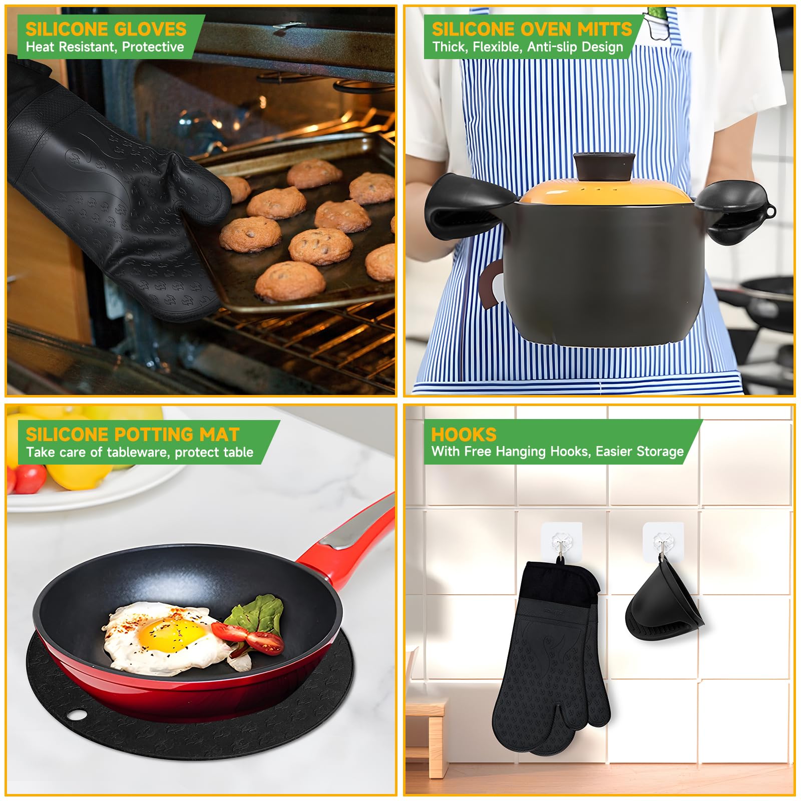 GEEKHOM Heat Resistant Silicone Oven Mitts & Pot Holders Set - Extra Long BBQ Gloves with Non-Slip Grip for Cooking, Baking, Grilling - Perfect for Kitchen, Outdoor Camping & Backyard BBQ (Black)