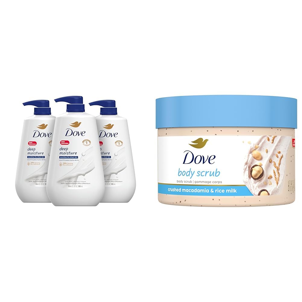 Dove Deep Moisture Body Wash with Pump for Dry Skin - Hydrating & Nourishing 30.6 Fl Oz (Pack of 3) + Macadamia & Rice Milk Exfoliating Body Scrub 10.5 oz - Daily Shower Routine for Soft, Smooth Skin