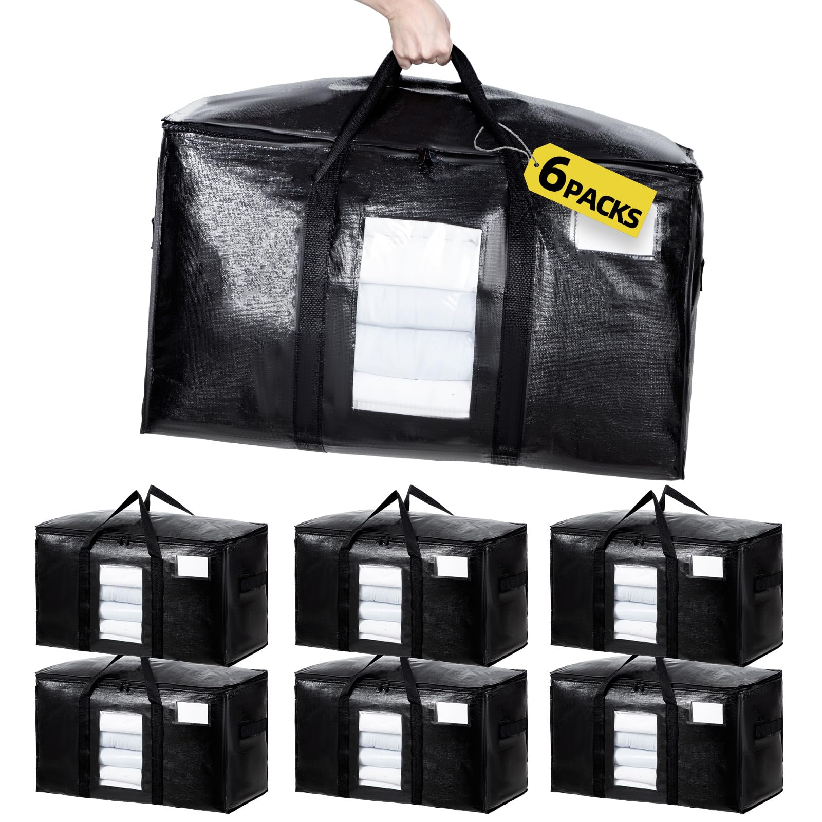 Extra Large Heavy Duty Moving Bags 6-Pack - Zippered Storage Totes with Reinforced Handles & Tag Pocket | Collapsible for Easy Storage | Perfect for Home Organization, College Dorm, Moving & Travel