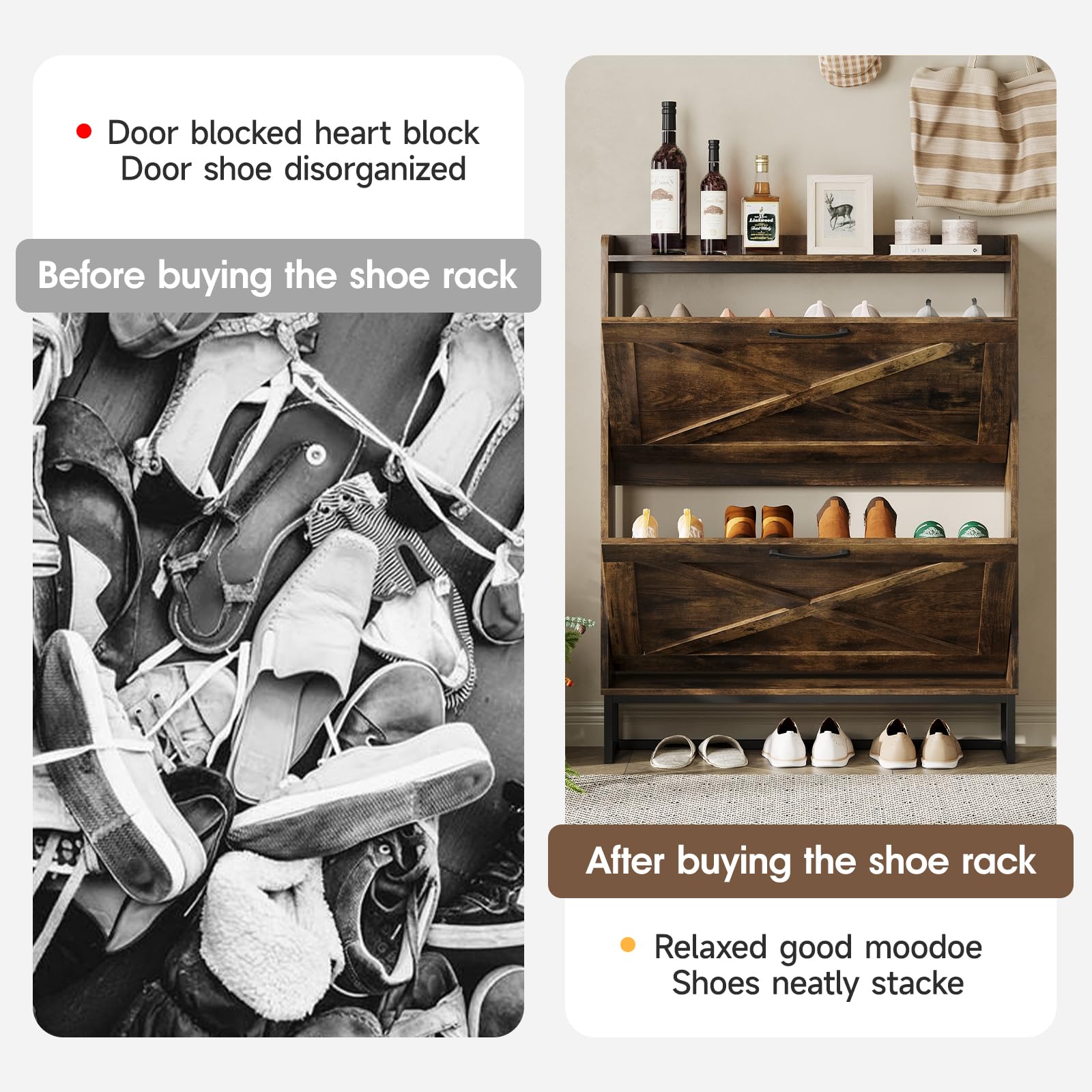 Maupvit Narrow Shoe Cabinet with 2 Flip Drawers - Slim Entryway Shoe Storage Organizer with Metal Legs | Farmhouse Style Free Standing Shoe Rack for Hallway, Closet & Small Spaces