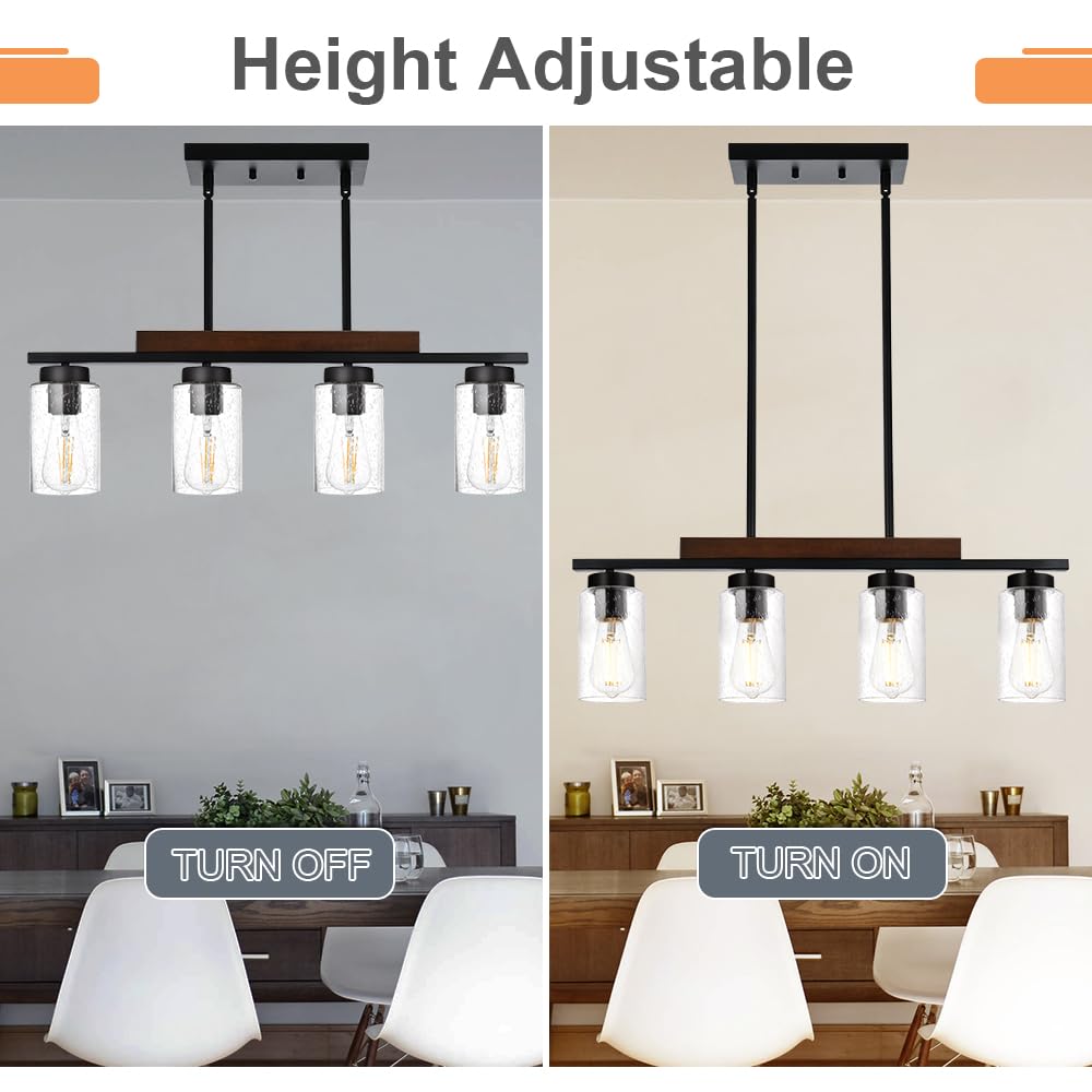 4-Lights Kitchen Island Pendant Light Fixture - Seeded Glass & Solid Wood Frame Linear Chandelier for Dining Room, Living Room - Perfect for Farmhouse, Modern & Industrial Home Decor