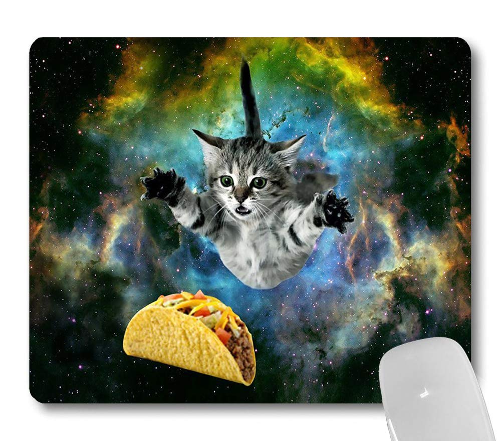Funny Cat Galaxy Mouse Pad - Cute Kitten Reaching for Taco in Space Design | Non-Slip Gaming & Office Computer Accessories | Perfect for Gamers, Programmers & Cat Lovers