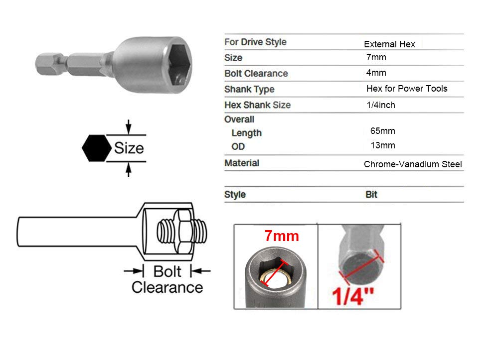YXQ 7mm Nut Driver Bit Set - 1/4 Inch Hex Magnetic Power Socket Adapter Drill Bits (65mm Length, 5Pcs) for Power Tools - Perfect for DIY Projects, Automotive Repairs & Home Maintenance