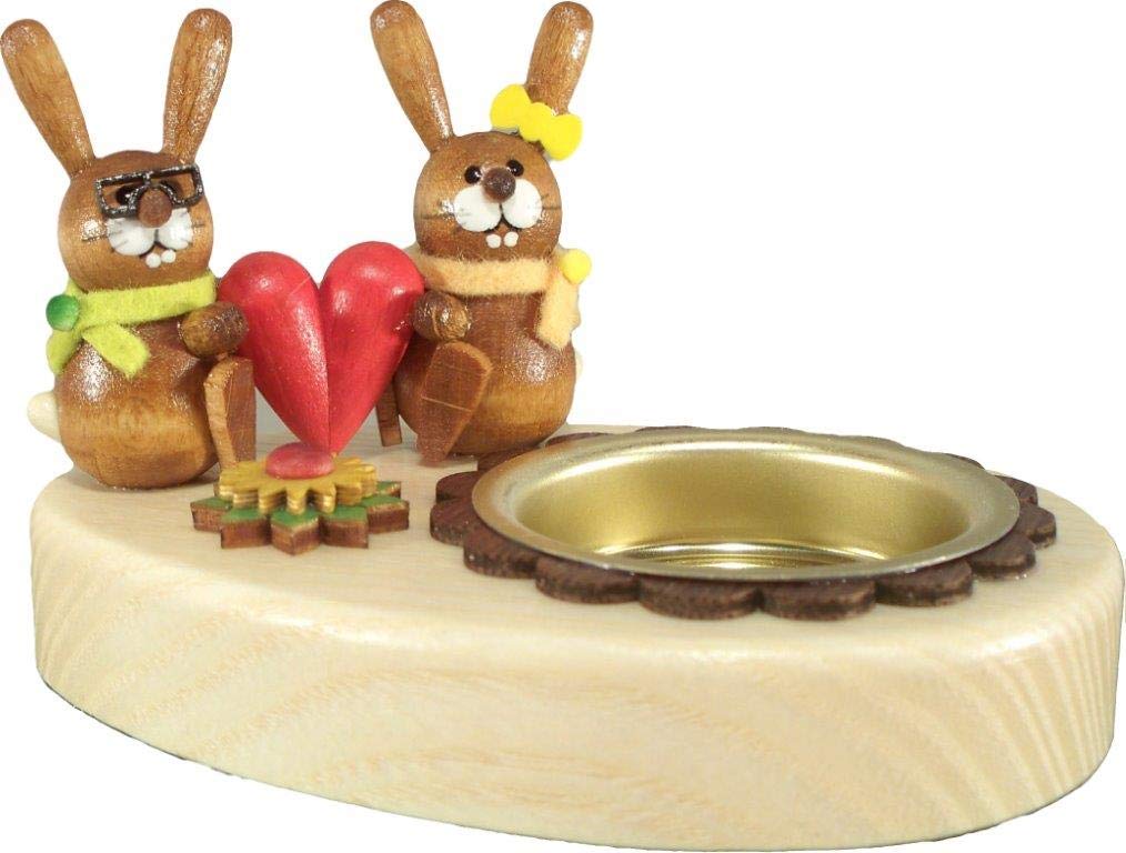 Rabbit Couple Tea Light Candle Holder with Heart Design - 5cm Height - Ore Mountains Inspired - Perfect for Romantic Dinners, Weddings & Home Decor