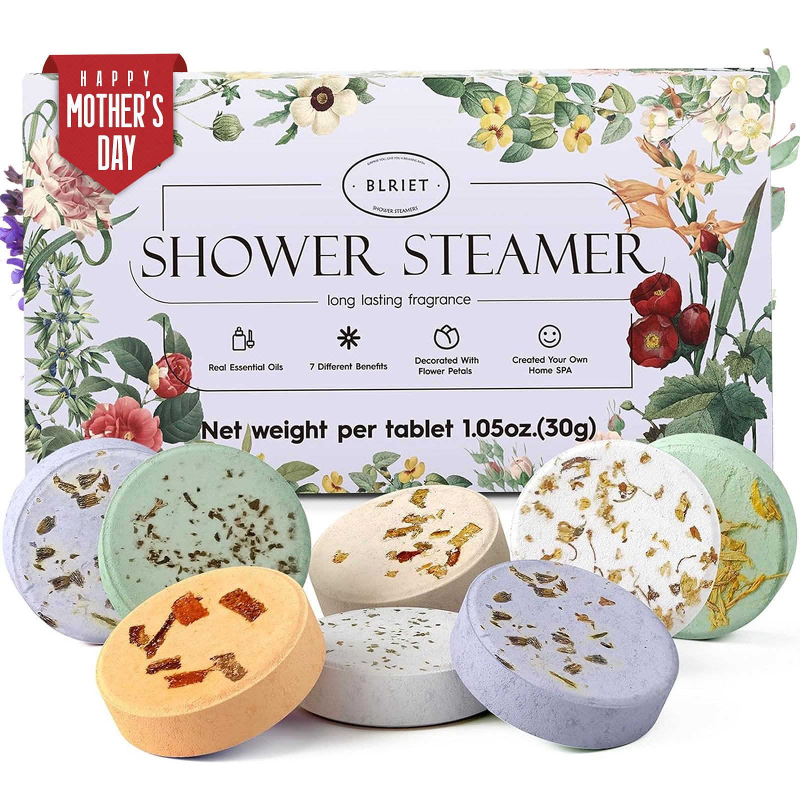 BLRIET Aromatherapy Shower Steamers 8 Pack - Lavender Essential Oil Shower Bombs for Stress Relief & Relaxation, Perfect Spa Gift for Women, Men, Teens - Ideal for Home Spa, Self Care & Birthday Gifts