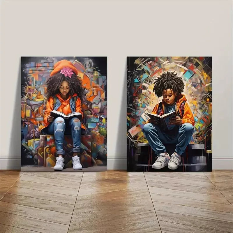 2pcs African Children Book Theme Framed Wall Art - 50x75cm High Quality Canvas Print | 100% Australian Made | Ready to Hang | Perfect for Nursery, Kids Room & Classroom Decor