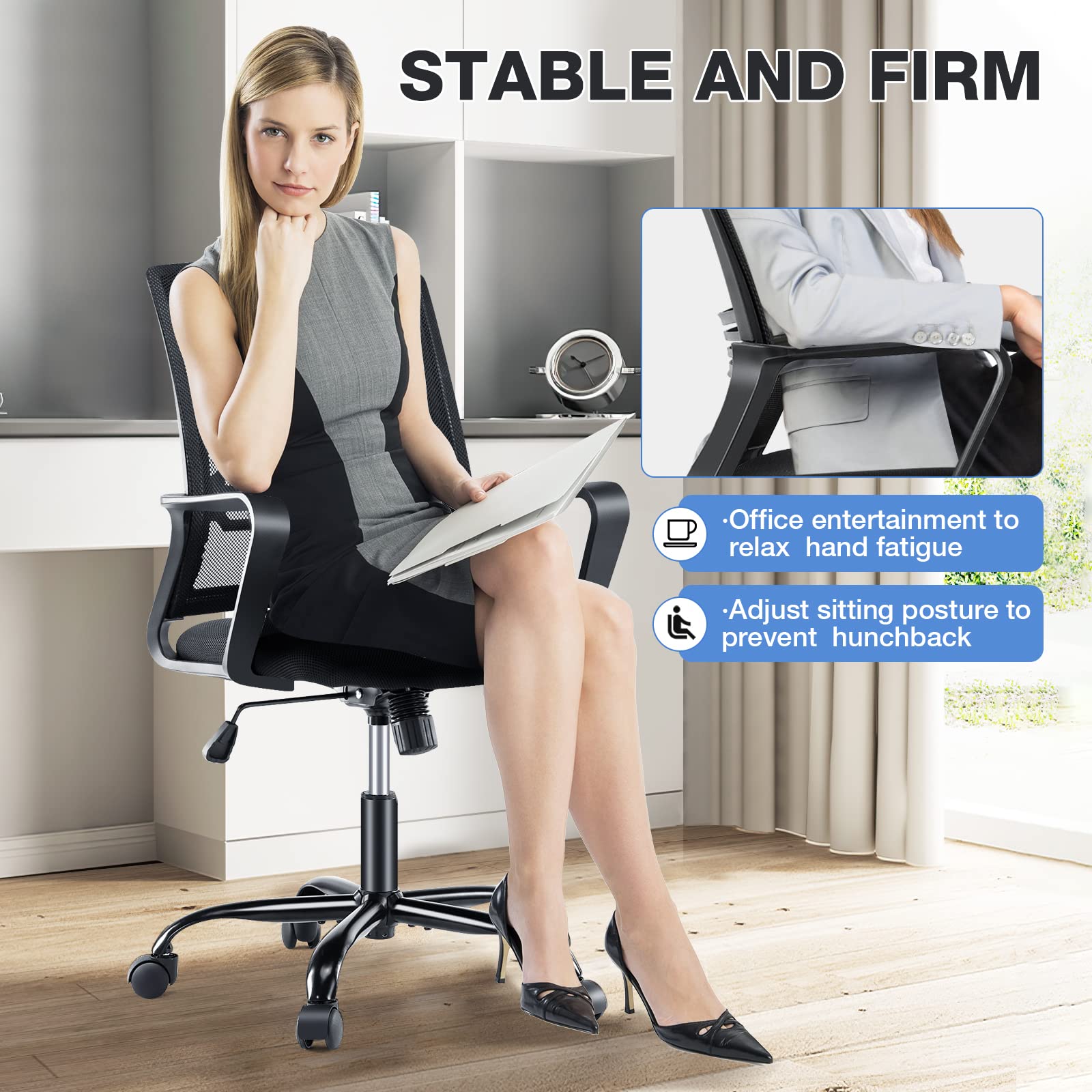 Ergonomic Office Chair with Wheels & Lumbar Support - Adjustable Mid Back Computer Desk Chair with Armrests for Home & Work - Comfortable Task Chair for Long Hours Sitting (Black) - Perfect for Home Office, Gaming & Workspaces