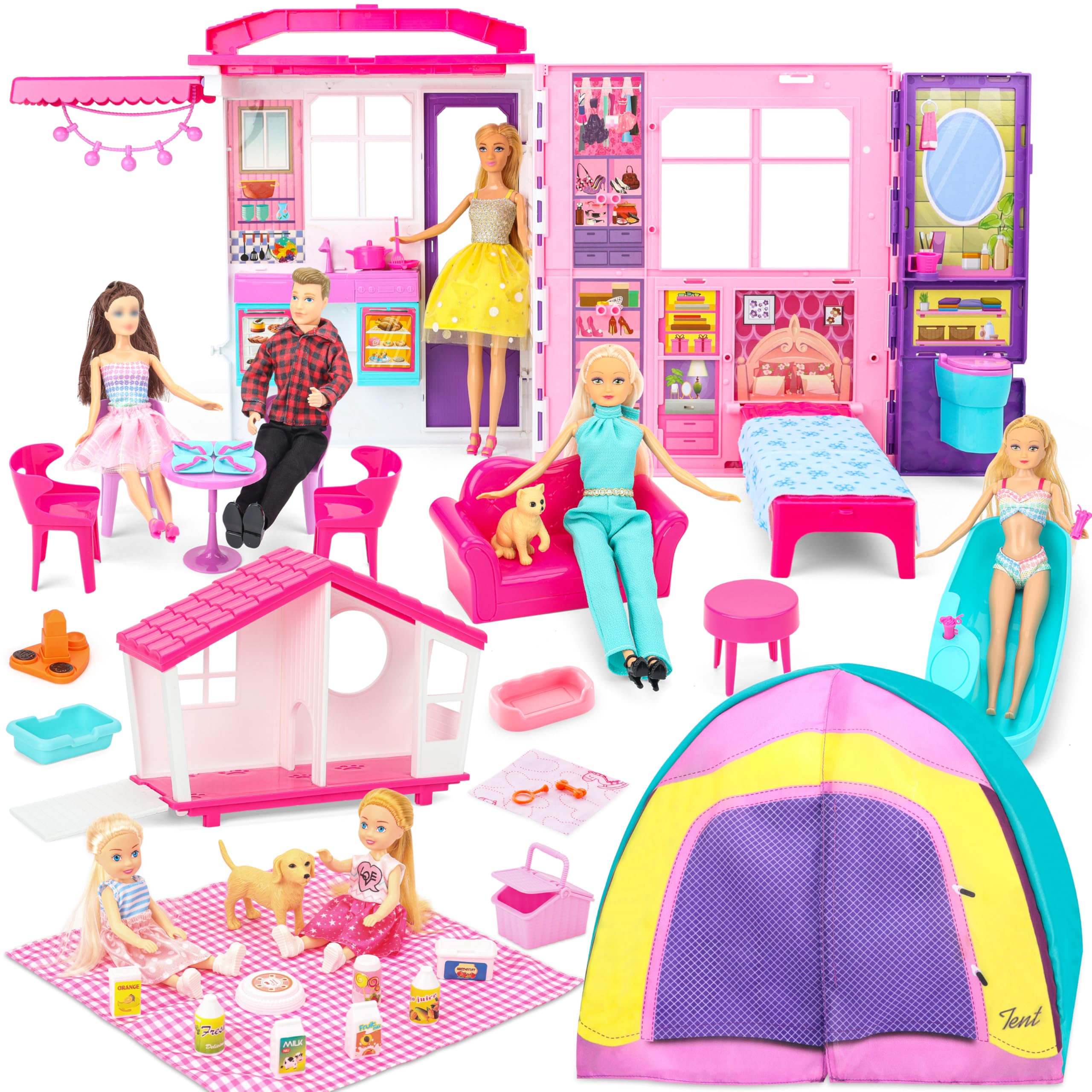 Portable & Foldable Dollhouse with 60+ Accessories & 2 Dolls - Play House Toy with Bedroom, Kitchen, Pet House & Camping Playset - Perfect Birthday Gift for Girls, Kids & Toddlers - Great for Indoor Play, Pretend Play & Gift Giving