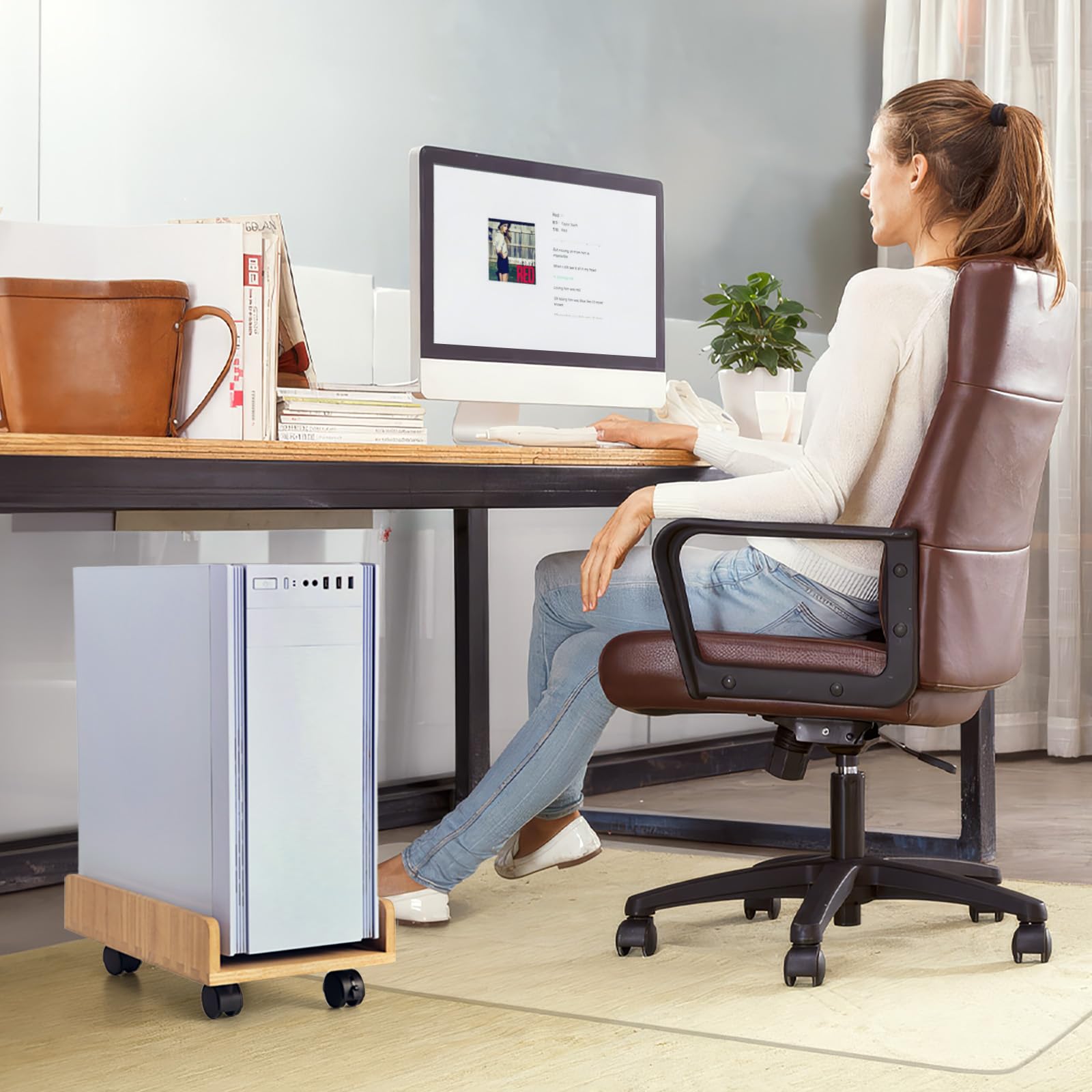 Heavy Duty Wooden Computer Tower Stand with 4 Mute Caster Wheels - Mobile ATX PC Case Holder & CPU Protection Shelf - Ideal for Office, Gaming Setup & Home Workspace (ZJJ-NA)