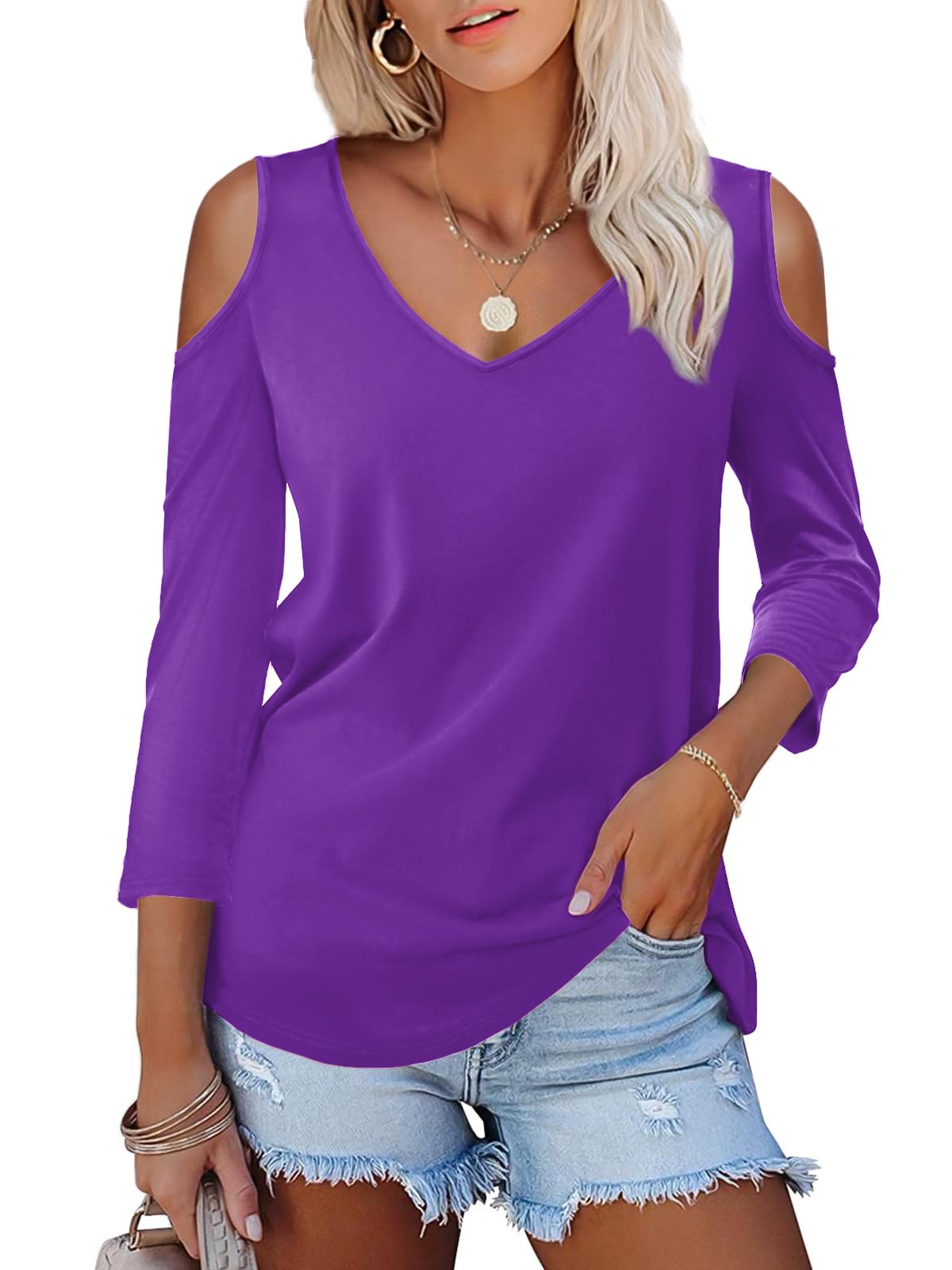 Amoretu Women's Long Sleeve Cold Shoulder V-Neck Blouse Tunic Top - Elegant Casual Shirt for Work, Date Night & Fall Outfits