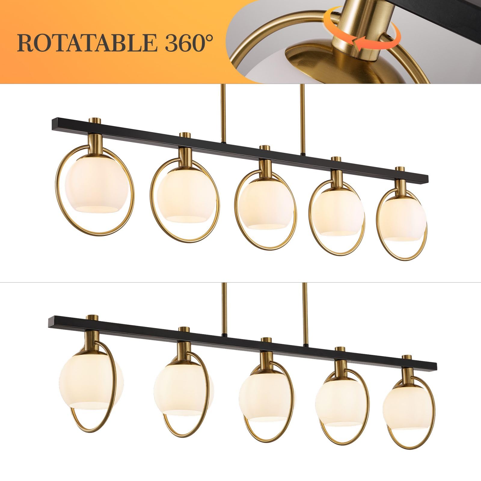 5-Light Black and Gold Farmhouse Linear Chandelier - Modern Kitchen Island Pendant Light with Glass Shade for Dining Room & Table Lighting | Perfect for Rustic Home Decor and Open Concept Spaces