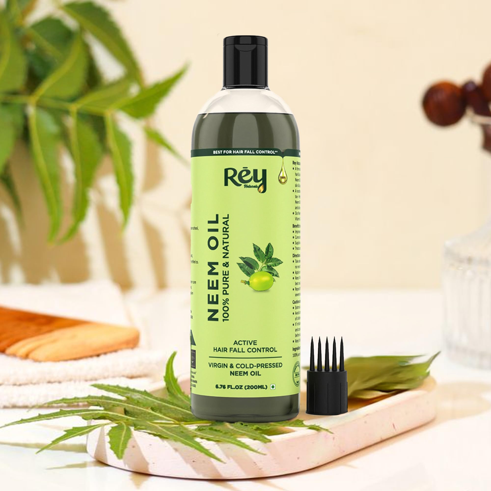 Rey Naturals Cold Pressed Neem Oil 200ml - Pure Organic Neem Oil for Skin Care, Hair Growth & Scalp Treatment | Helps with Dandruff, Lice Removal & Acne | Ideal for Body Massage, Hair Care Routine & Natural Beauty Regimen
