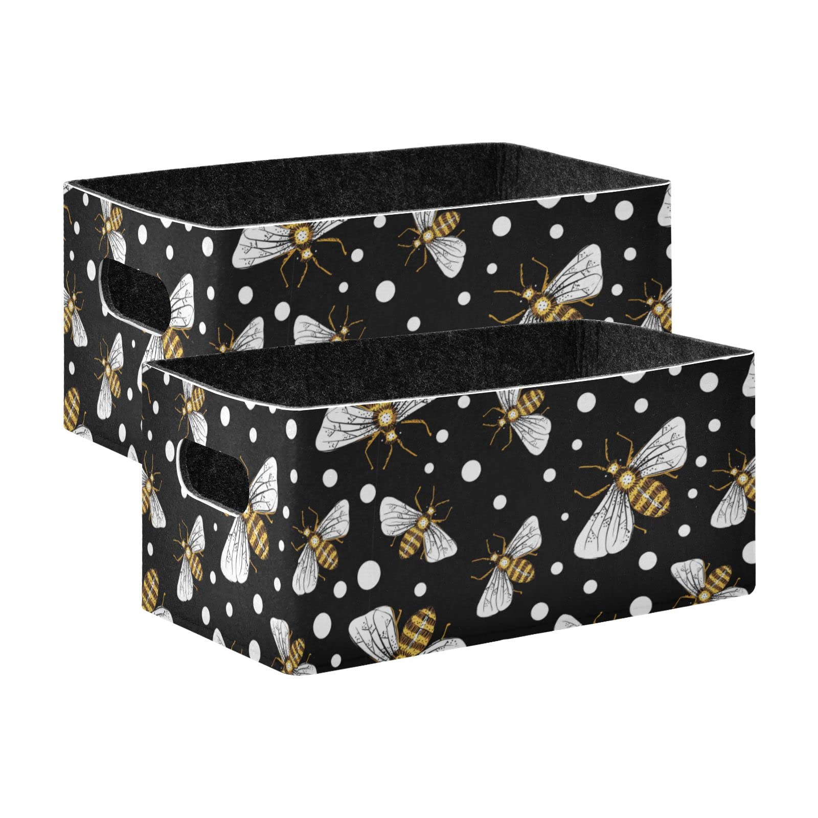 SHJI Honey Bees Folding Felt Storage Basket Set of 2 - Polka Dot Collapsible Storage Box & Organizer Bag for Clothes, Toys, Shelves | Perfect for Home, Nursery, Closet & Laundry Room Organization