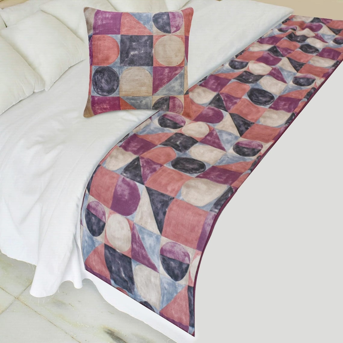 Artisymmetry Cotton Pink & Gray Decorative Bed Runner and Pillow Cover Set - Elegant Bedroom Decor for Master Suite, Guest Room & Wedding Decorations