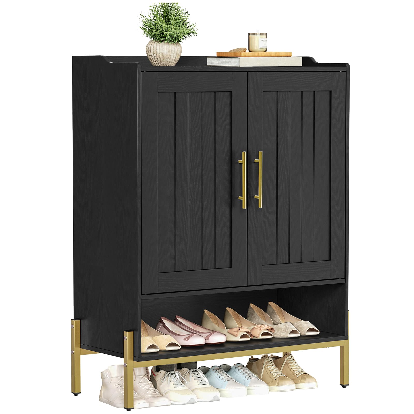 HOOBRO 5-Tier Wooden Shoe Cabinet with Doors - Freestanding Shoe Storage Organizer for Entryway & Hallway, Adjustable Shelves, Gold & Black (DB41SC01) - Perfect for Small Spaces, Apartment Living & Closet Organization