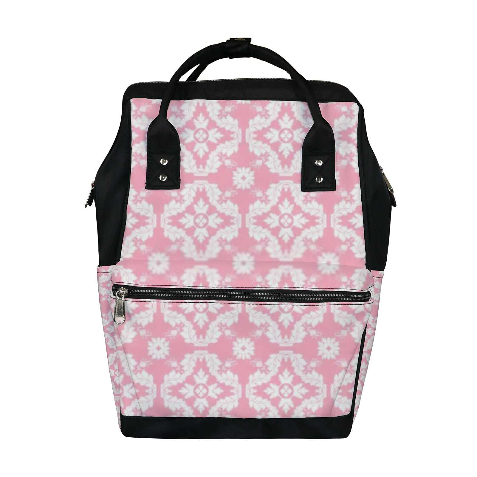 **Pink & White Damask Diaper Backpack - Large Capacity Waterproof Baby Bag for Moms, Nursing & Travel | Perfect for Daycare, Outings & Family Trips**