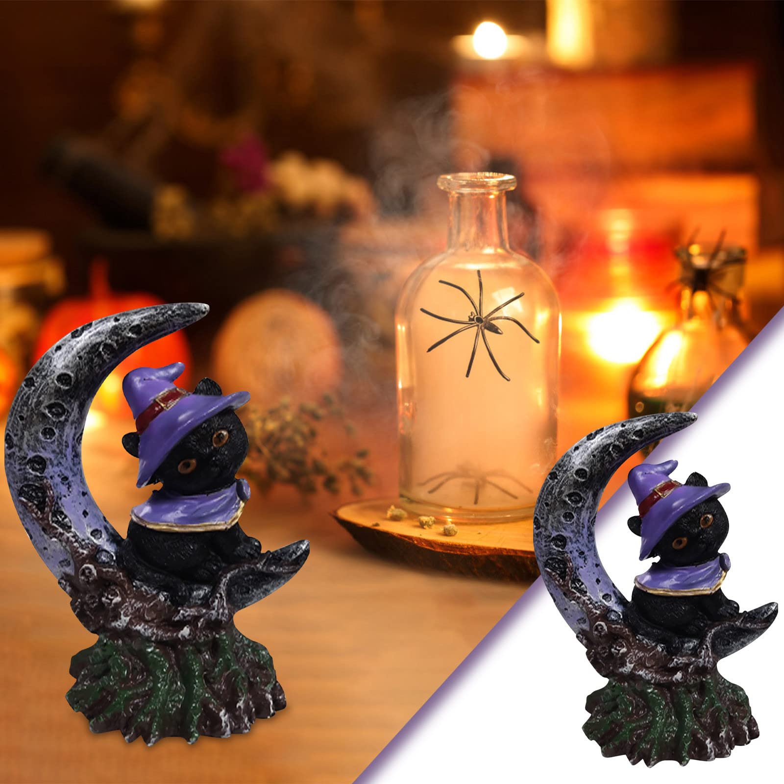 Black Crescent Cat Sculpture - Halloween Decor, Resin Cat Figurine for Desktop, Lawn, Garden - Funny Outdoor Statue & Gnome Ornament - Perfect for Halloween Party, Home Decor, and Gift Giving