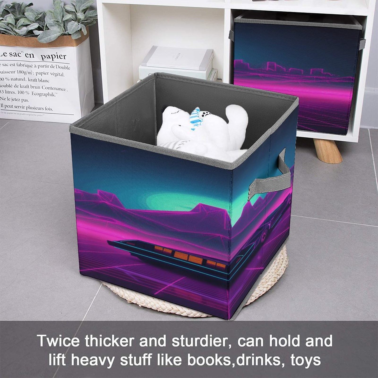 Retrowave Printed Collapsible Storage Cubes - 10.6×10.6 Inch Foldable Fabric Bins with Handles for Home, Office & Closet Organization (Set of 6) - Perfect for Toys, Books, Laundry & Seasonal Decor Storage