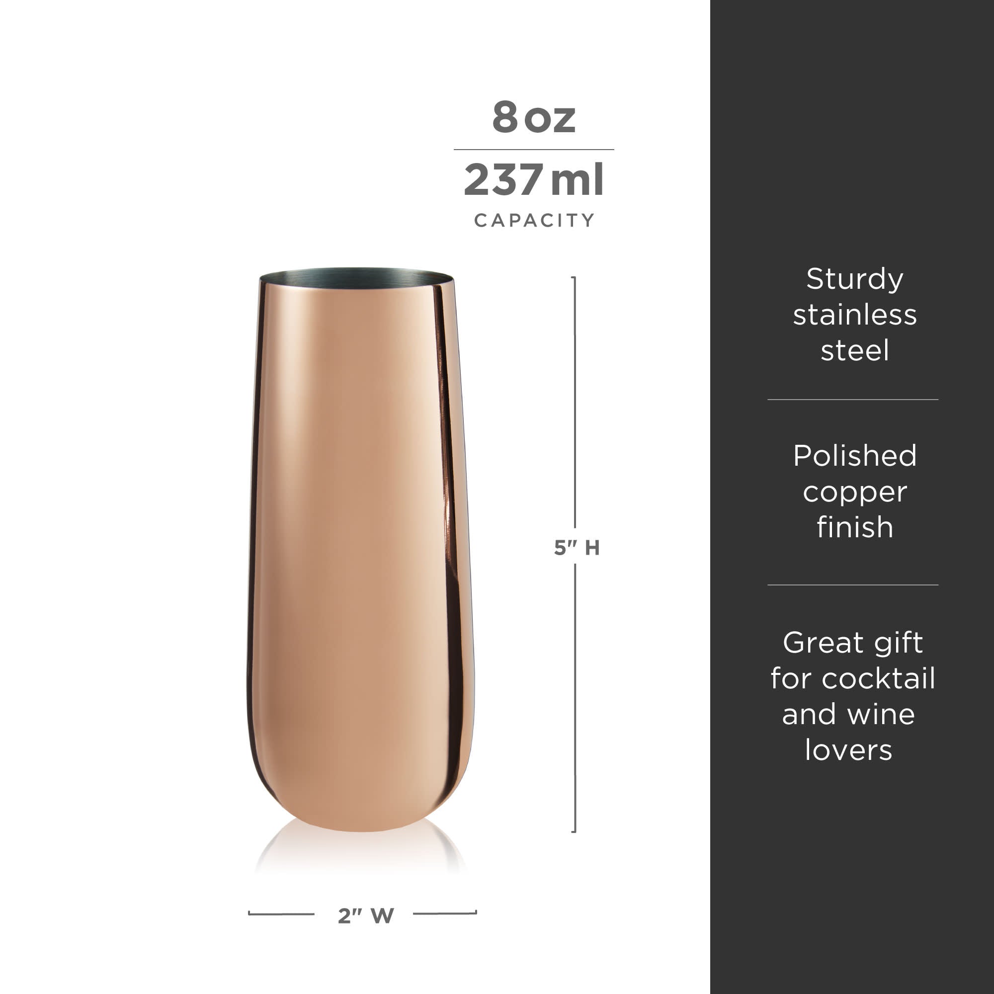 Premium Stainless Steel Stemless Champagne Flutes Set of 2 - Elegant Copper Finish, Dishwasher Safe, Perfect for Weddings, Parties & Romantic Dinners