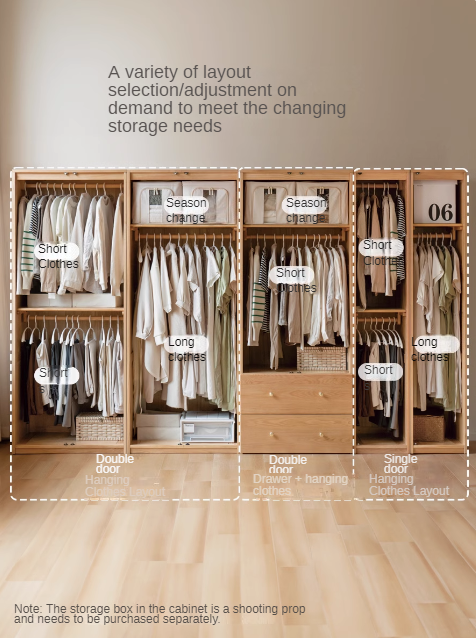 Solid Oak Wood Modern Wardrobe - Customizable Closet Organizer for Bedroom, Walk-in Closet & Home Storage