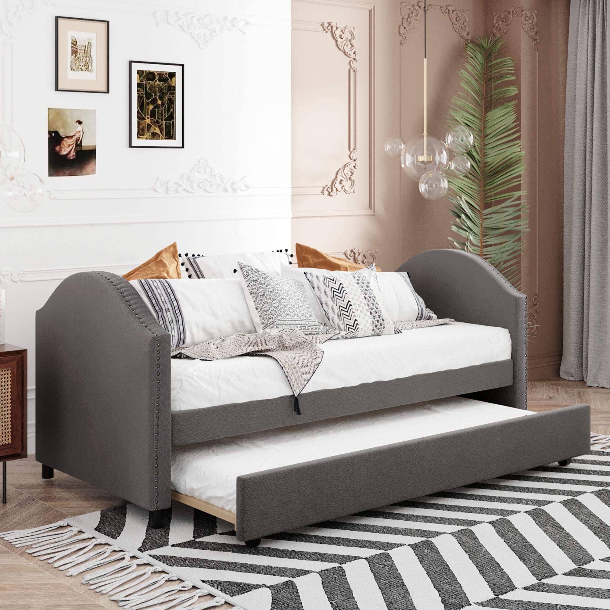 Twin Size Upholstered Daybed with Trundle - Sturdy Wood Slat Mattress Foundation - Space-Saving Grey Sleeper Sofa for Guest Room, Dorm or Small Apartment
