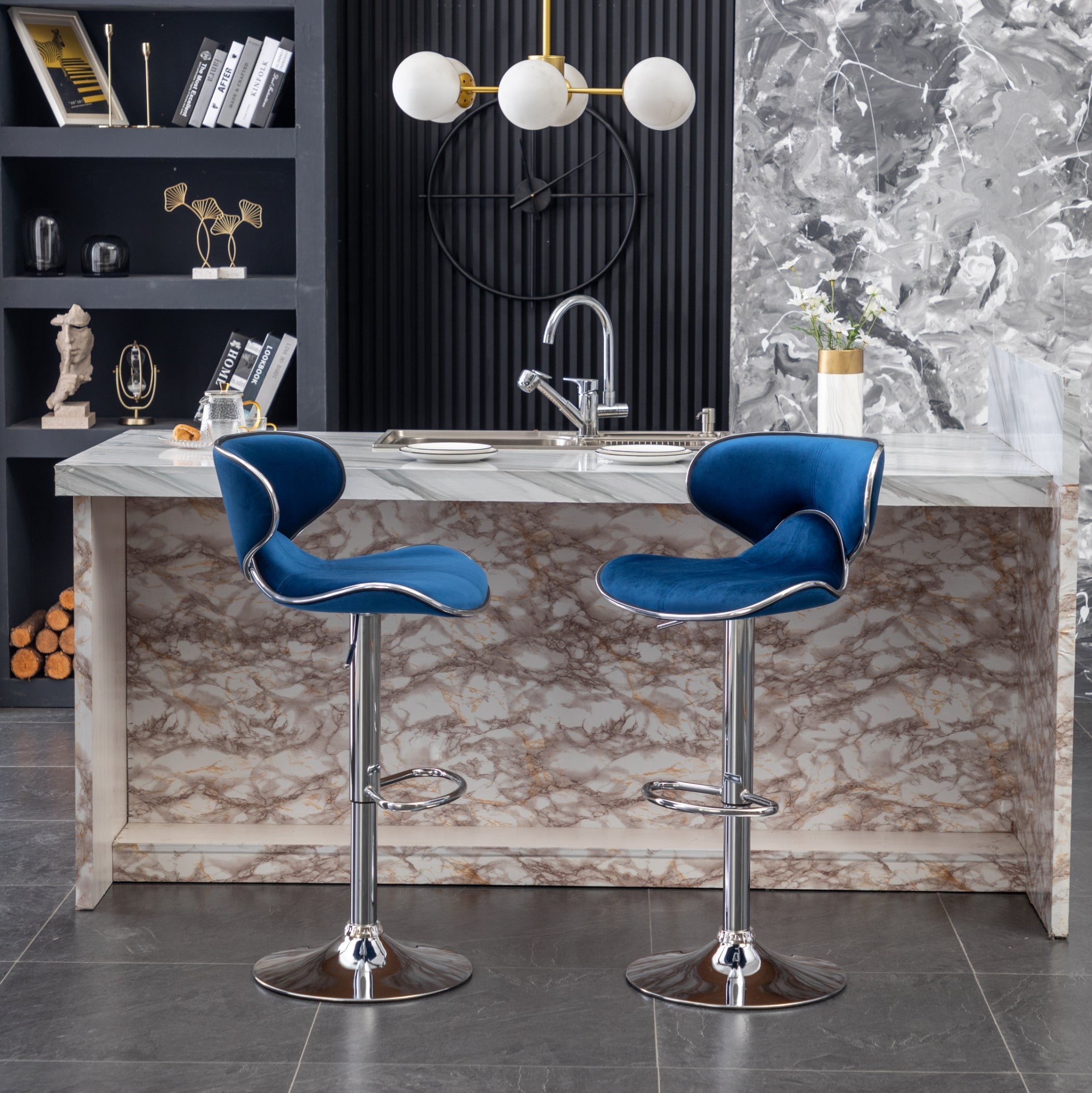 Roundhill Furniture Masaccio Velvet Upholstered Adjustable Swivel Bar Stool - Set of 2 Blue Counter Height Stools for Kitchen Island, Bar, or Breakfast Nook